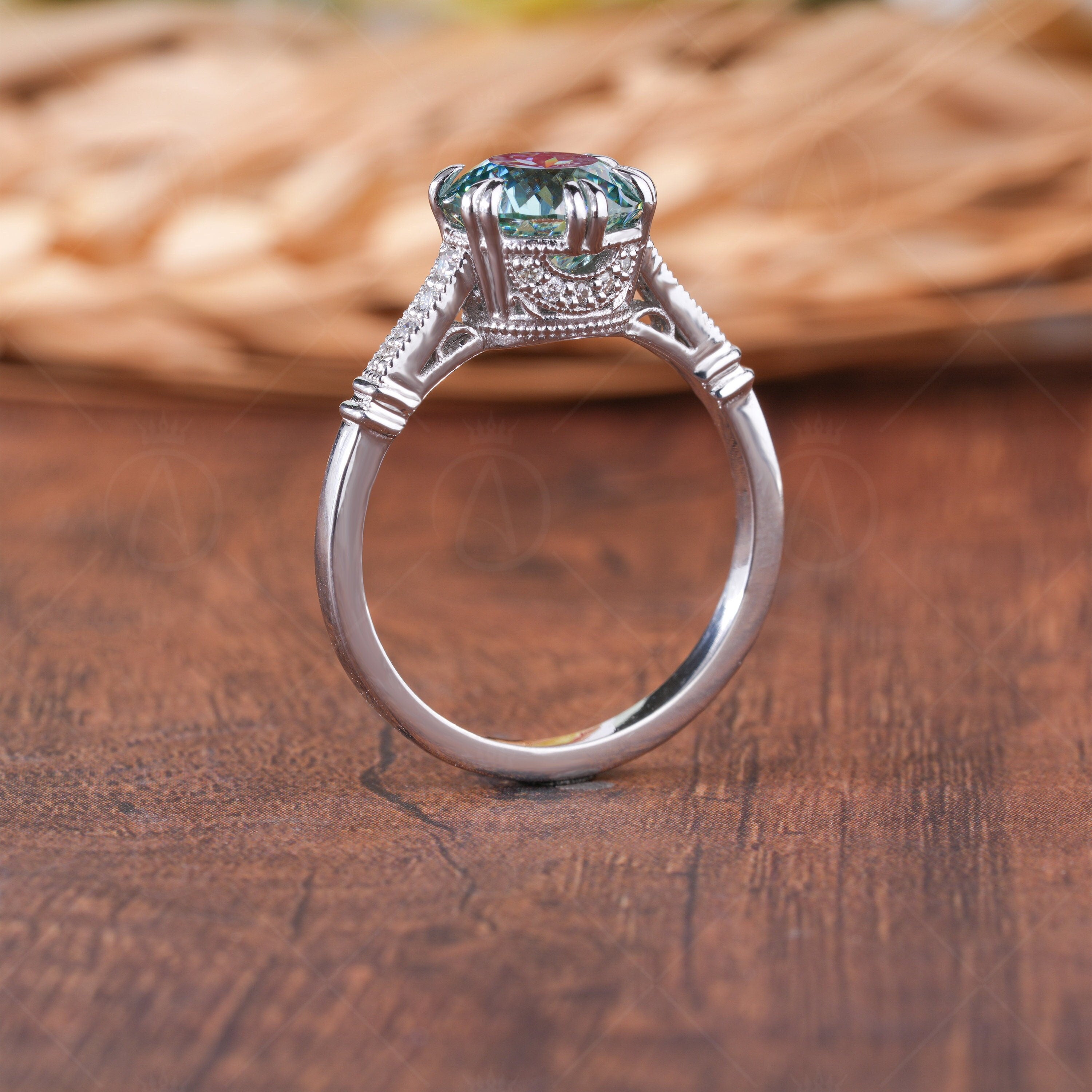 Cyan Blue Portuguese Cut Moissanite Ring, Art Deco Unique Engagement Ring, Round Portuguese Cut Vintage Ring, Promise Rings For Women