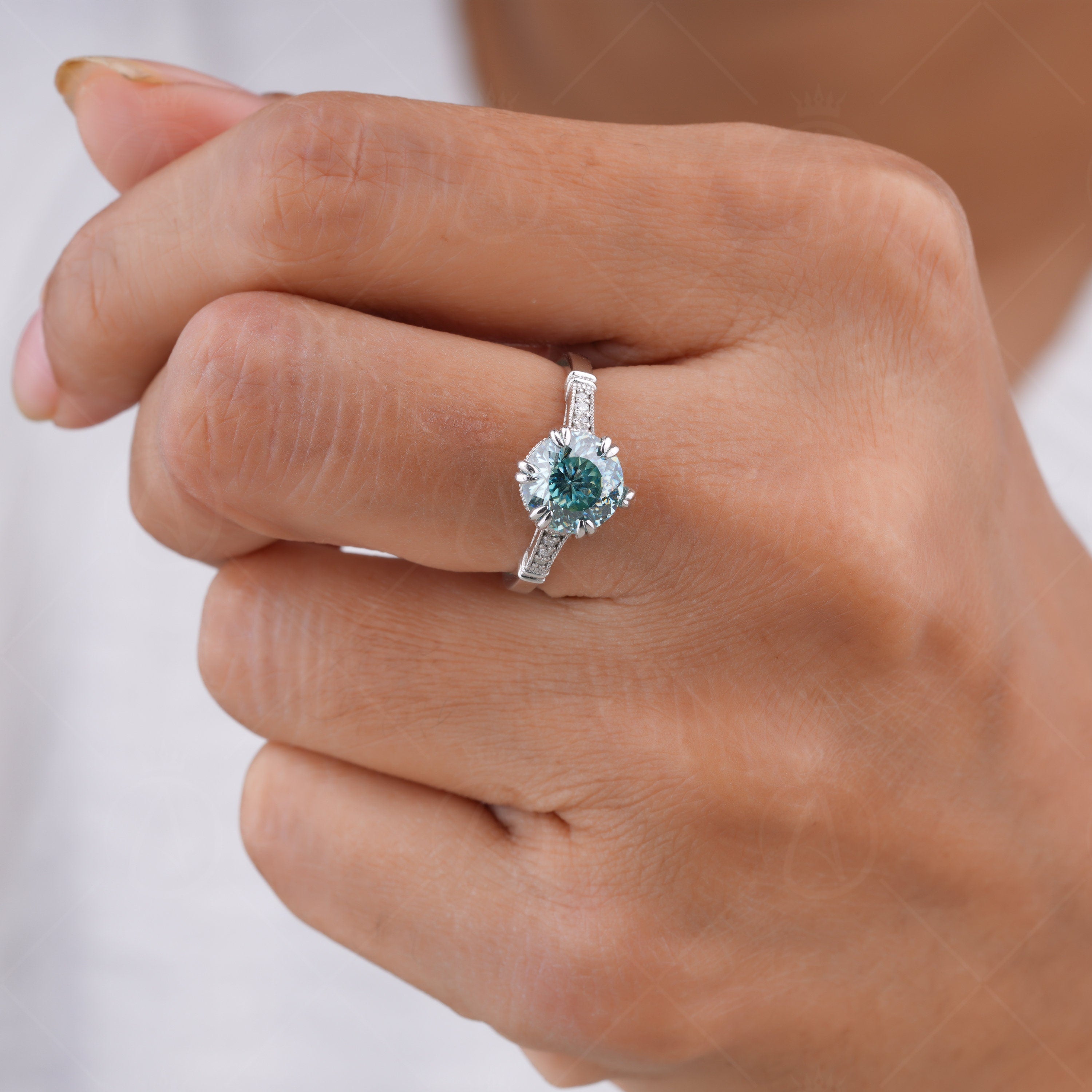 Cyan Blue Portuguese Cut Moissanite Ring, Art Deco Unique Engagement Ring, Round Portuguese Cut Vintage Ring, Promise Rings For Women