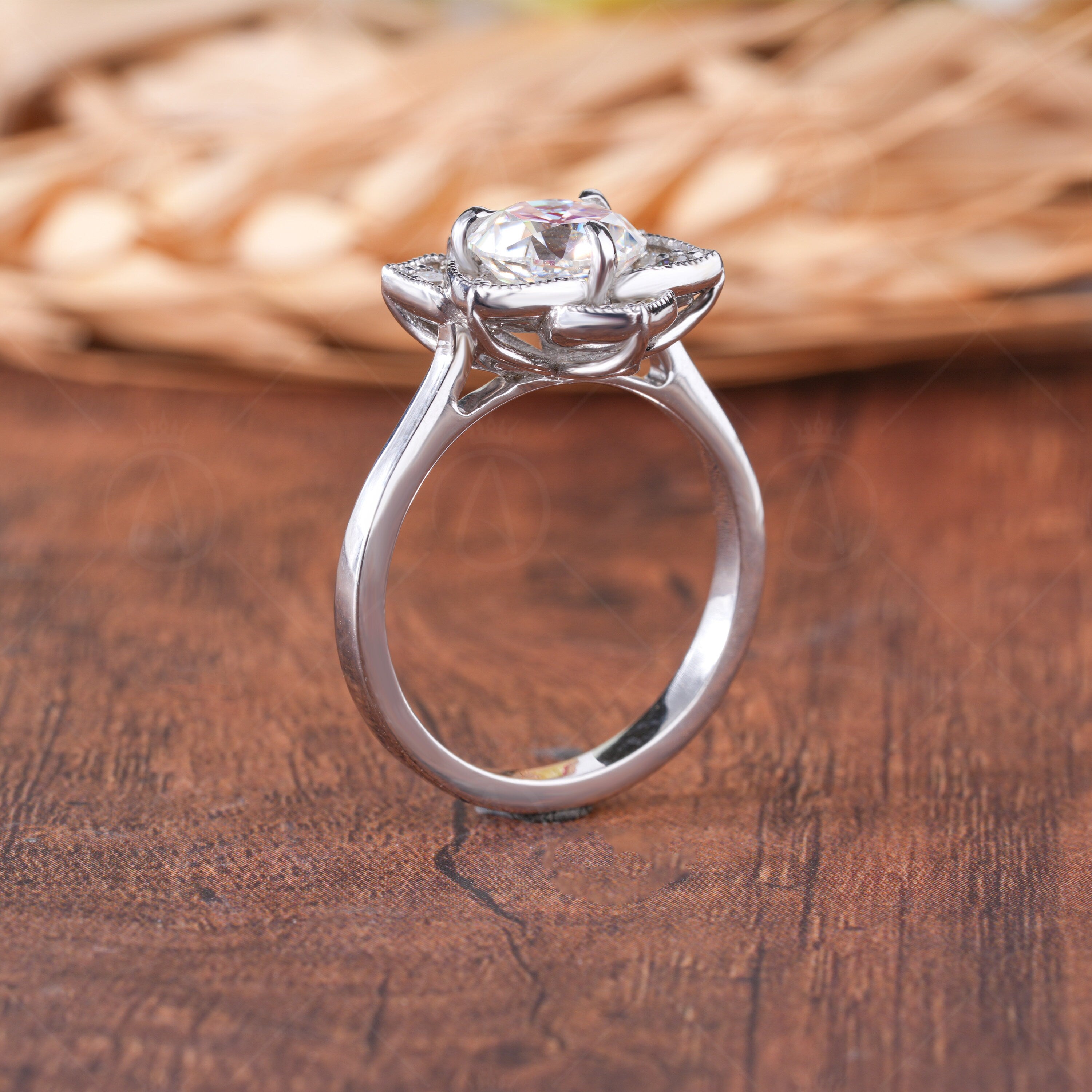 Flower Nature Inspired Engagement Ring, Tulip Setting Floral Moissanite Ring, Antique Old European Cut Moissanite Ring, Unique Promise Ring