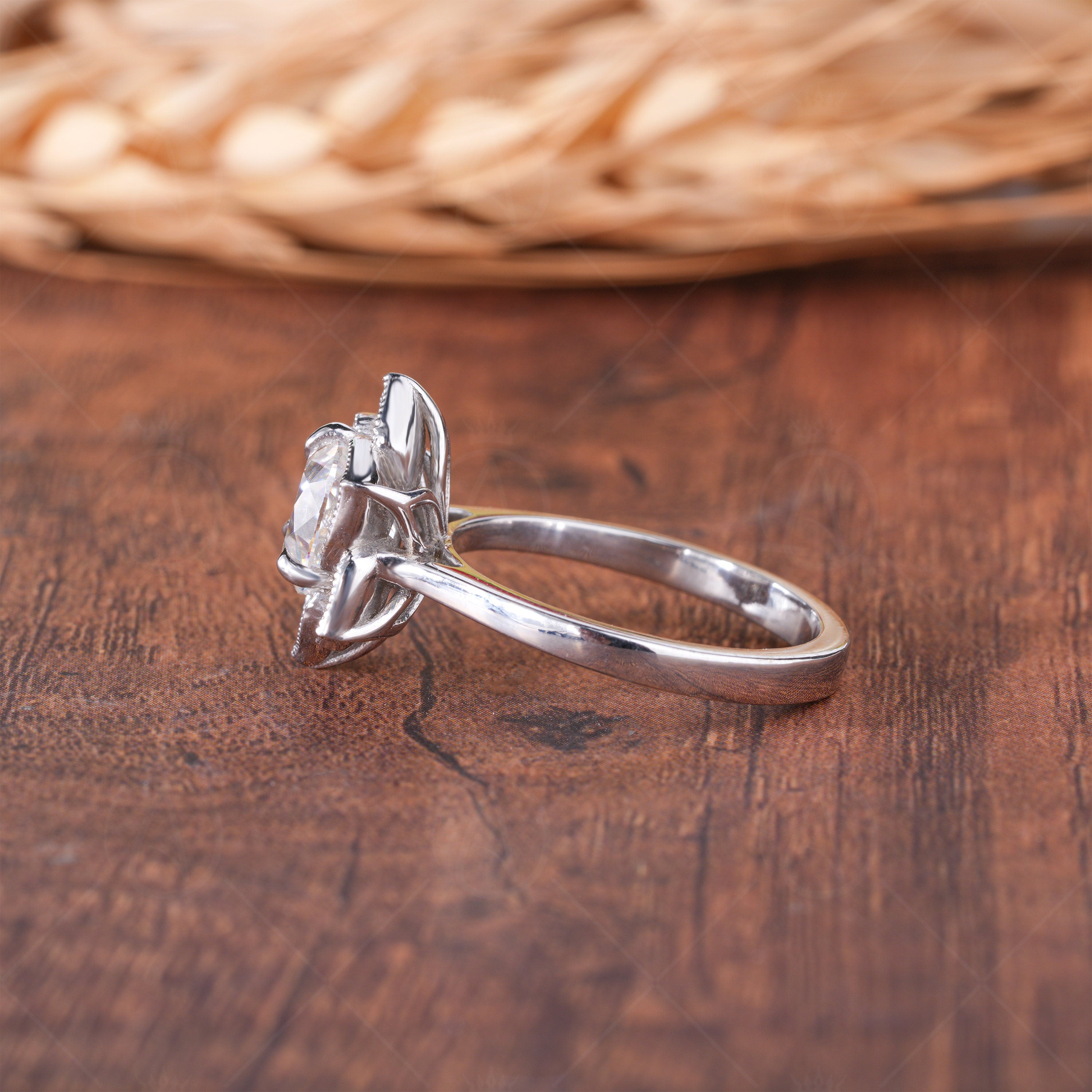 Flower Nature Inspired Engagement Ring, Tulip Setting Floral Moissanite Ring, Antique Old European Cut Moissanite Ring, Unique Promise Ring