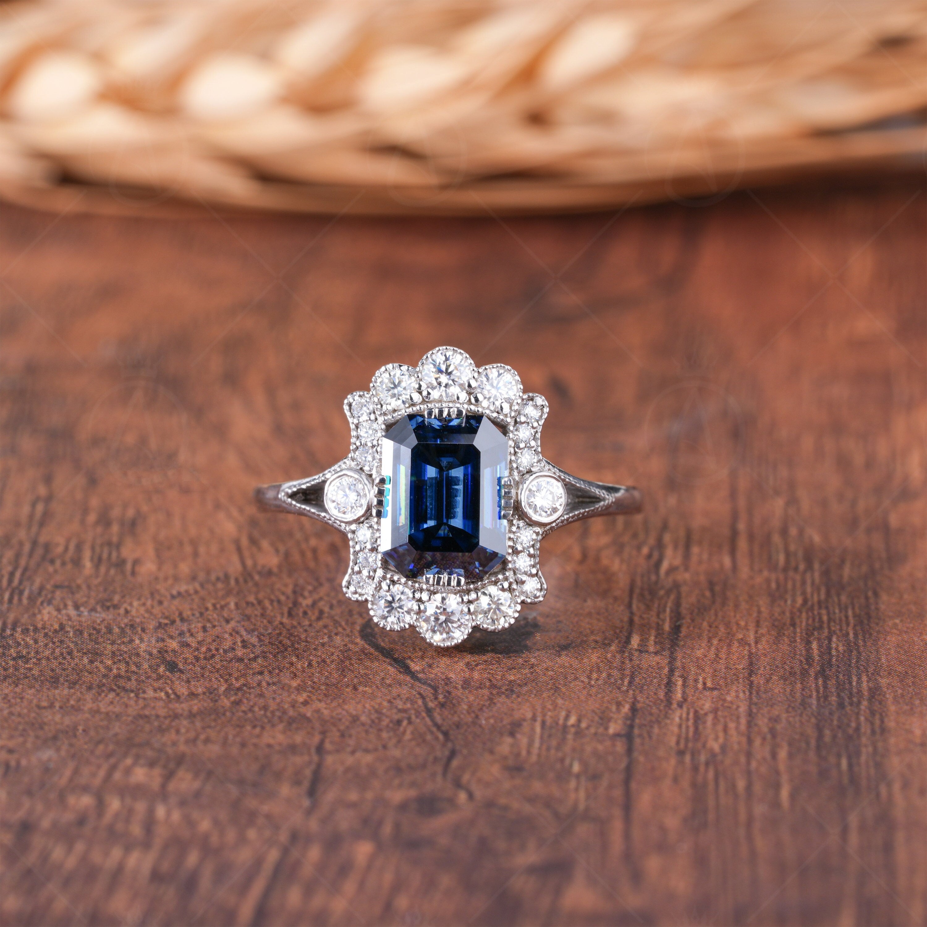 Blue Emerald Cut Moissanite Halo Engagement Ring, Electric Blue Moissanite Ring, Art Deco Anniversary Rings For Women, Vintage Milgrain Ring