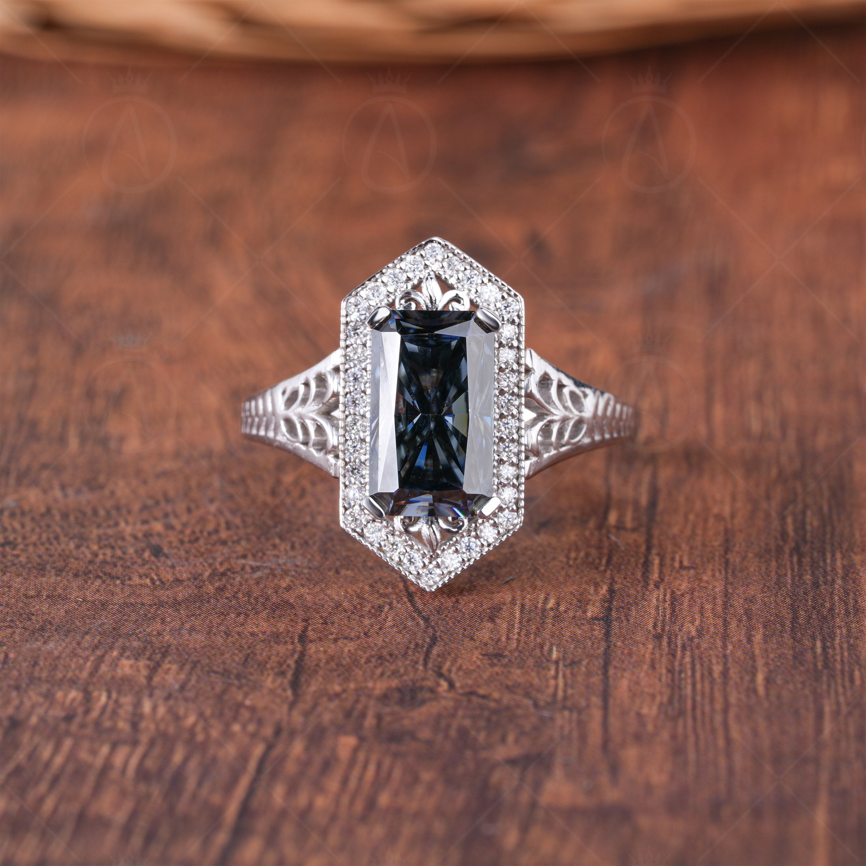 Hexagon Shape Filigree Engagement Ring, Grey Elongated Radiant Cut Moissanite Halo Ring, Unique Art Deco Rings For Women, Gray Stone Ring