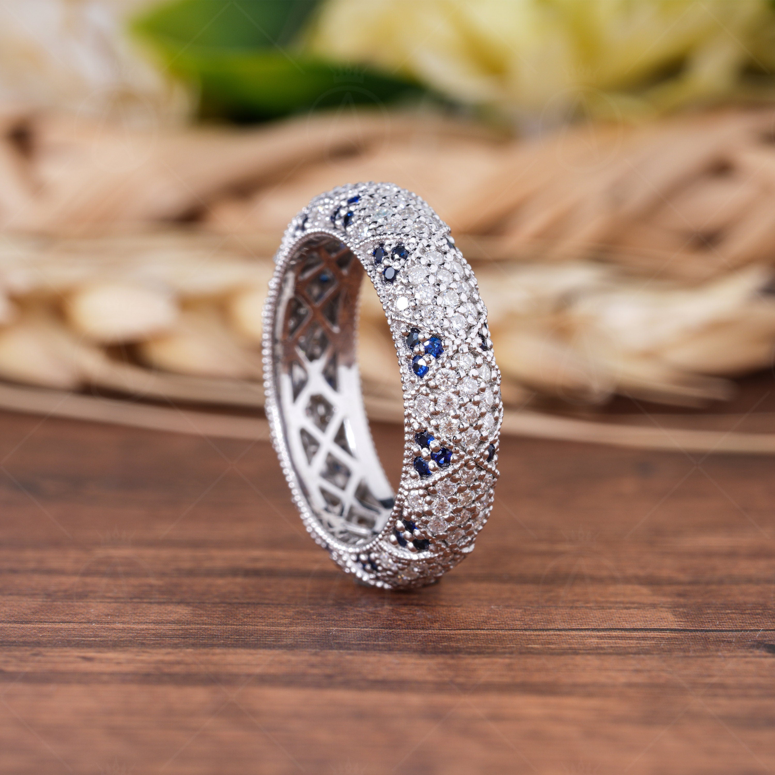 Moissanite Estate Wedding Bands Women, Natural Sapphire Dome Statement Ring, Art Deco Vintage Milgrain Band, Unique Full Eternity Band