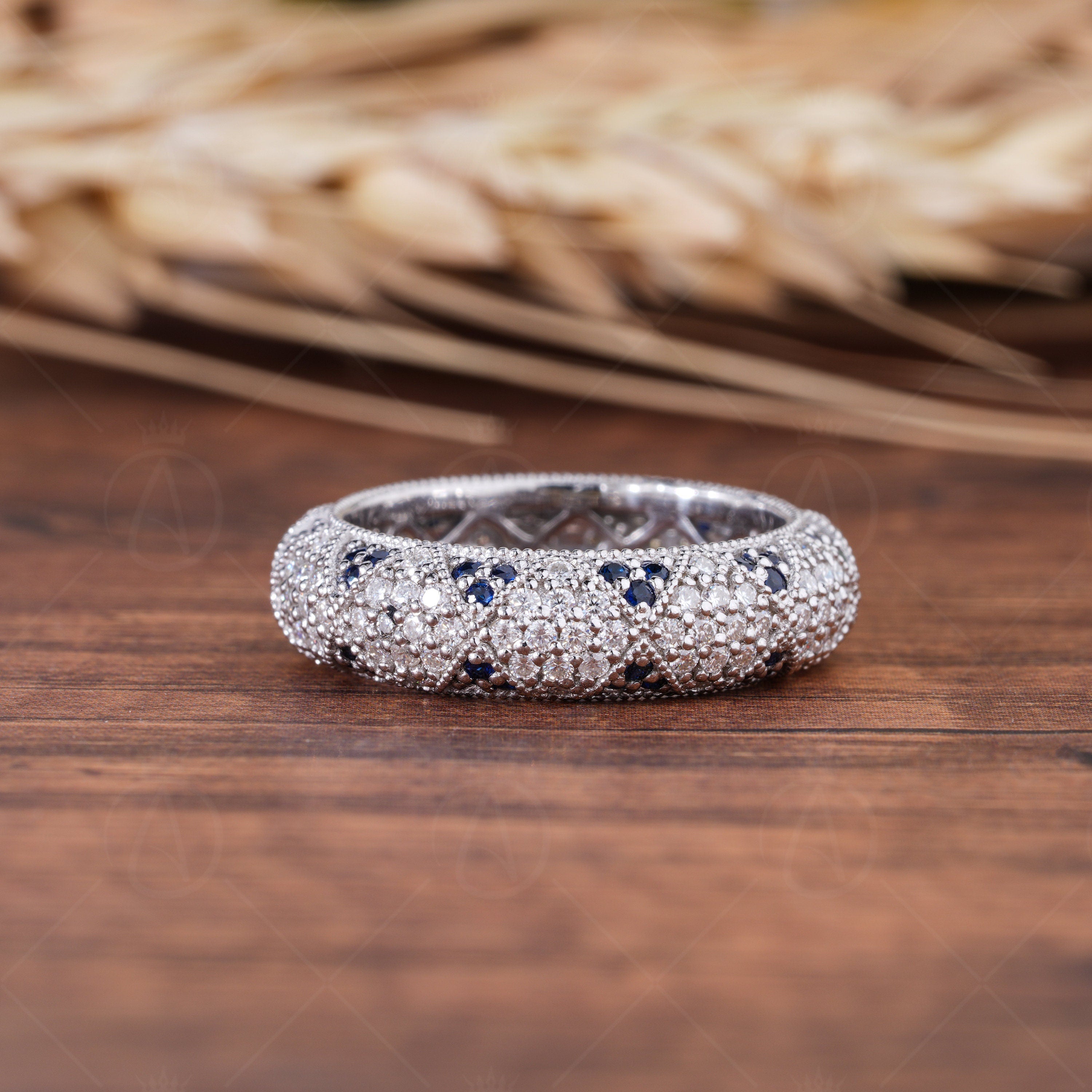 Moissanite Estate Wedding Bands Women, Natural Sapphire Dome Statement Ring, Art Deco Vintage Milgrain Band, Unique Full Eternity Band