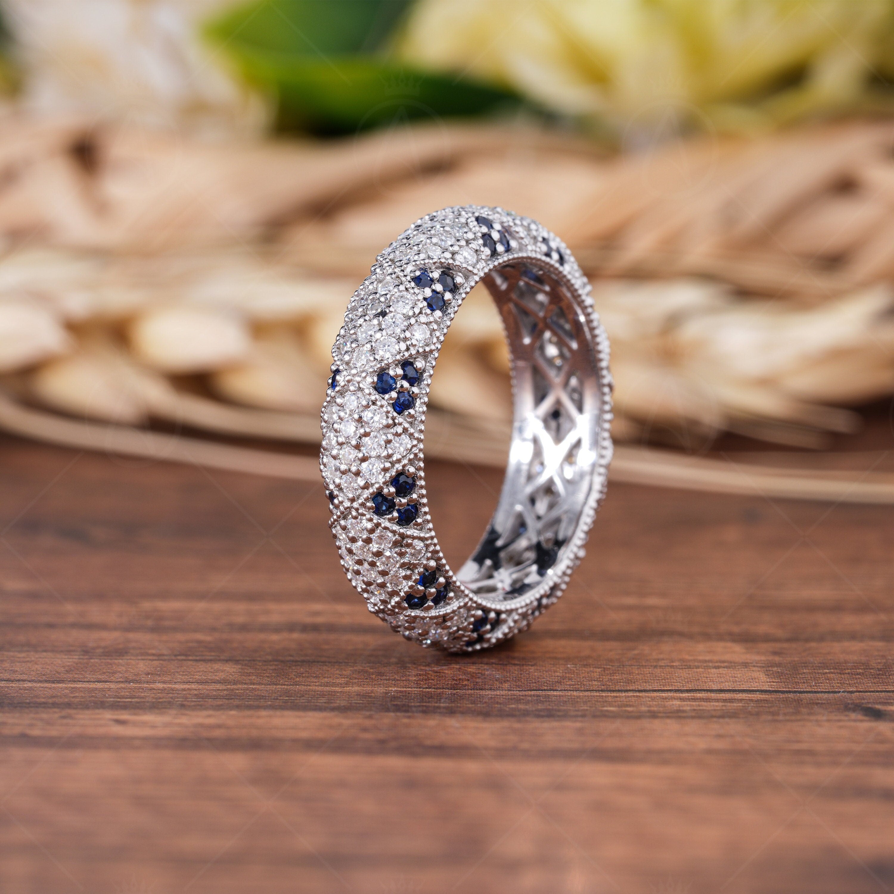 Moissanite Estate Wedding Bands Women, Natural Sapphire Dome Statement Ring, Art Deco Vintage Milgrain Band, Unique Full Eternity Band