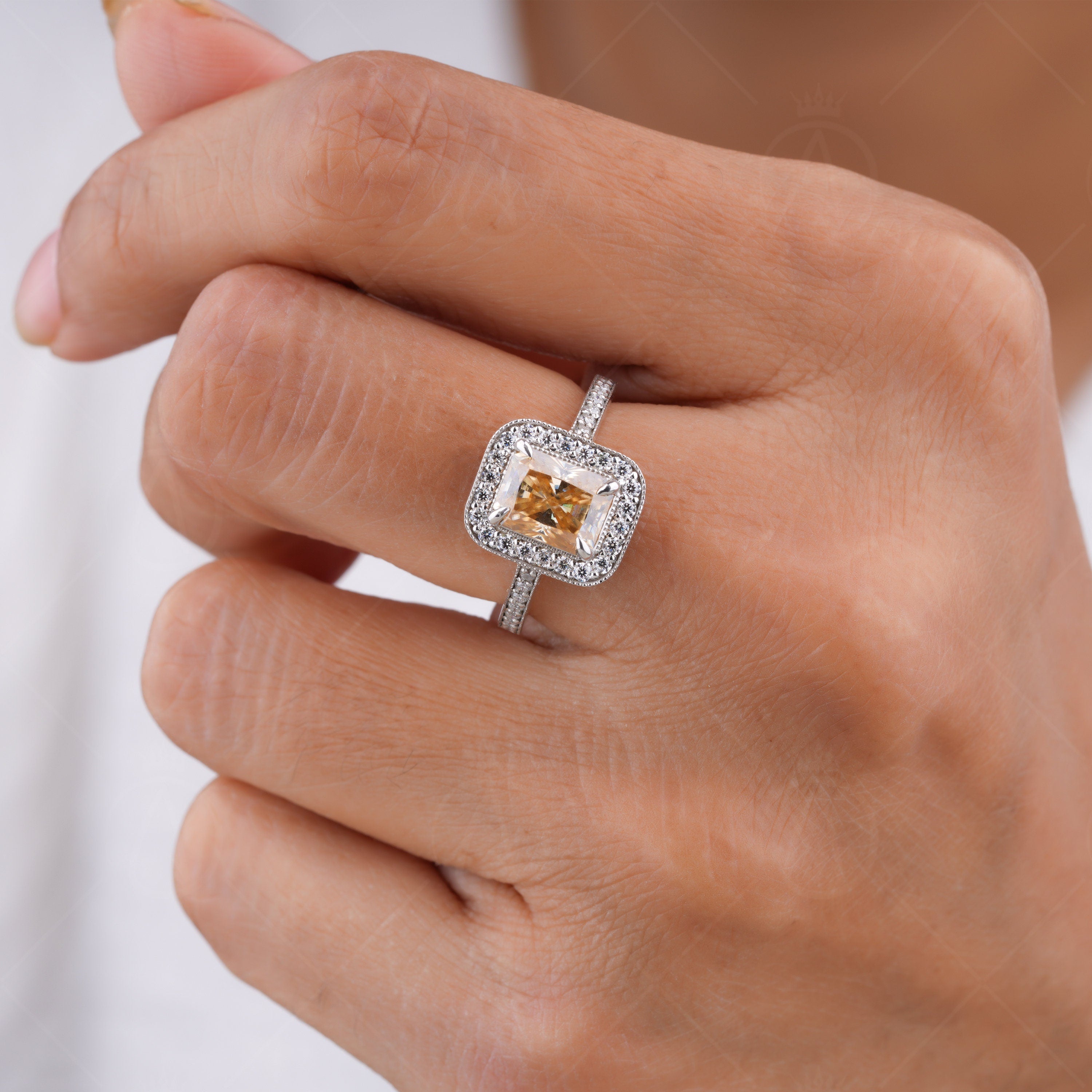 Champagne Color Radiant Cut Halo Engagement Ring, Art Deco Milgrain Moissanite Rings For Women, Unique Estate Jewelry Rings, Vintage Halo Ring, Brown Color Stone Ring