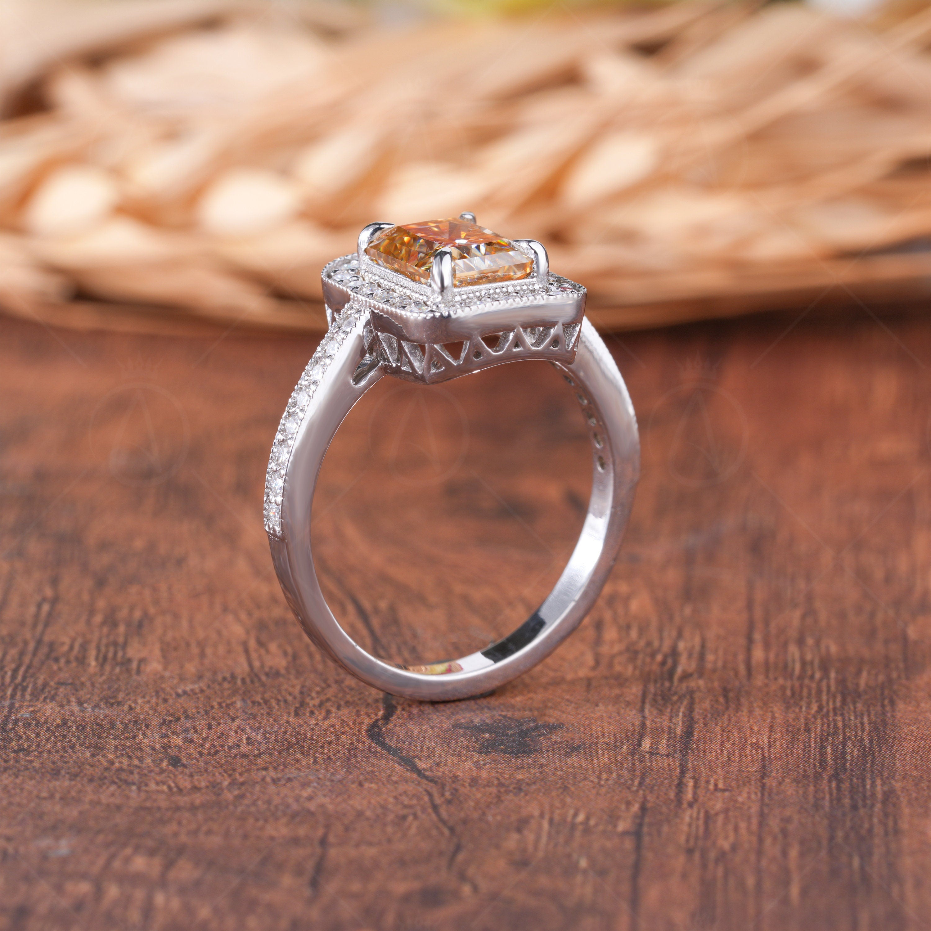 Champagne Color Radiant Cut Halo Engagement Ring