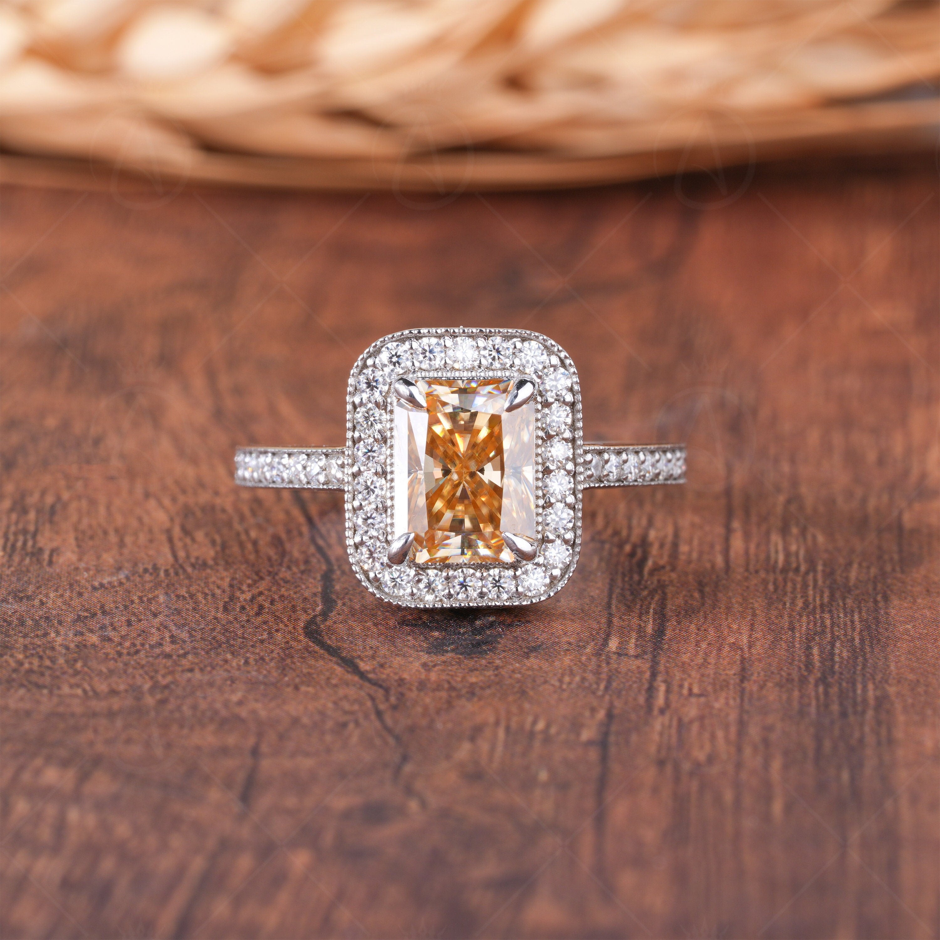 Champagne Color Radiant Cut Halo Engagement Ring, Art Deco Milgrain Moissanite Rings For Women, Unique Estate Jewelry Rings, Vintage Halo Ring, Brown Color Stone Ring