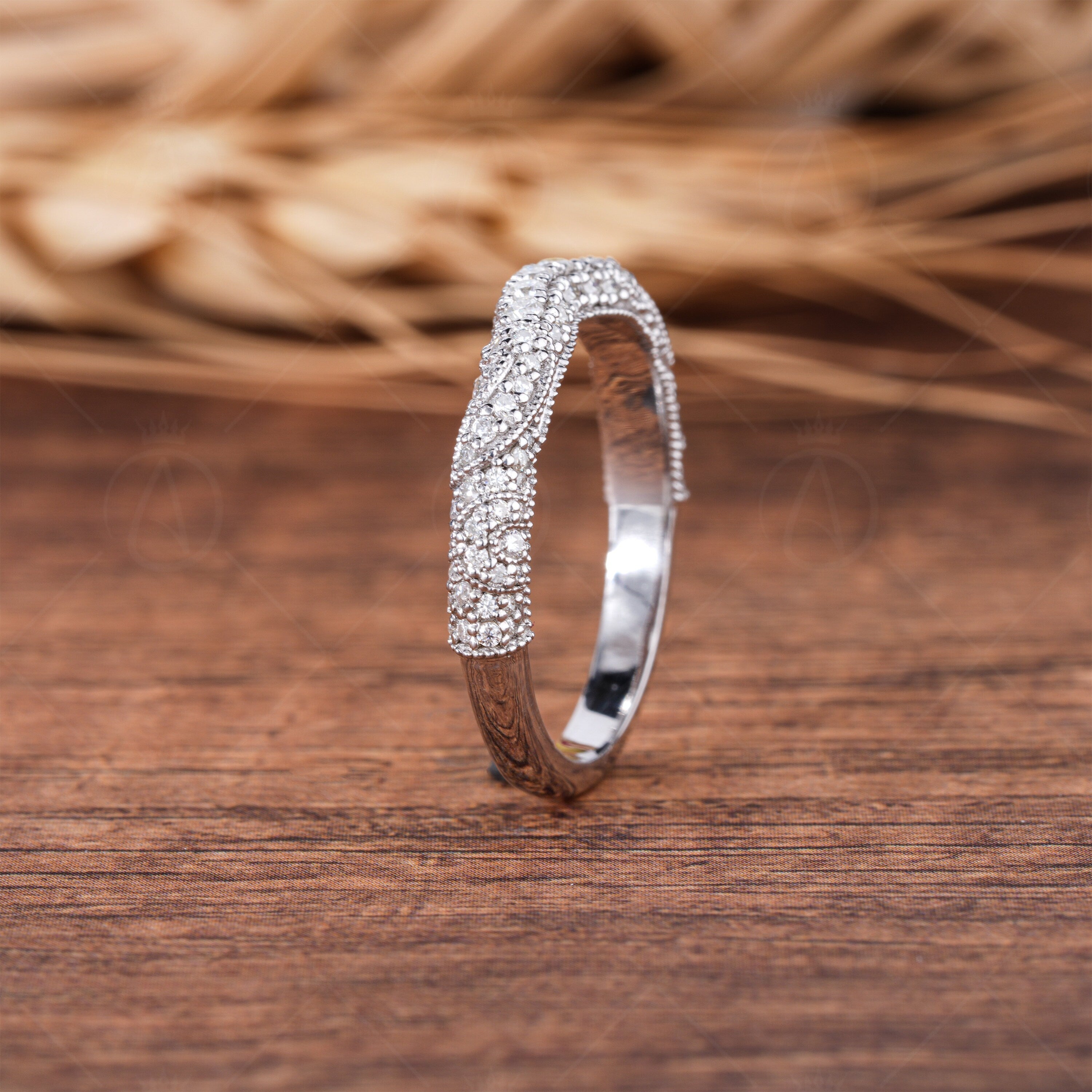 Moissanite Filigree Ring, Lace Style Art Deco Band Ring, Vintage Milgrain Wedding Bands Women, Unique Vintage Anniversary Band, Promise Ring For Her