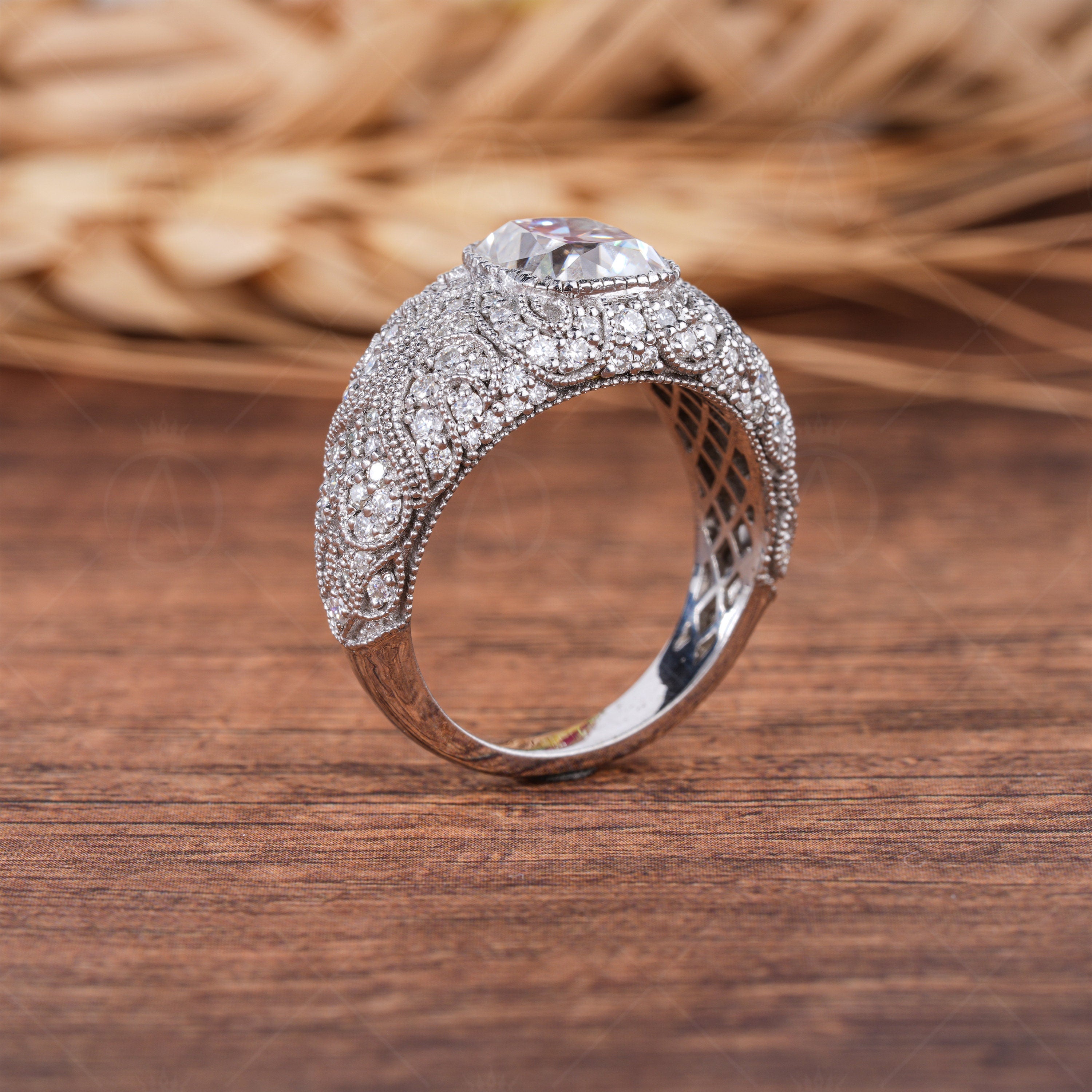 Antique Filigree Statement Ring, Vintage Old European Cushion Cut Ring, Moissanite Chunky Dome Ring, Art Deco Milgrain Rings For Women