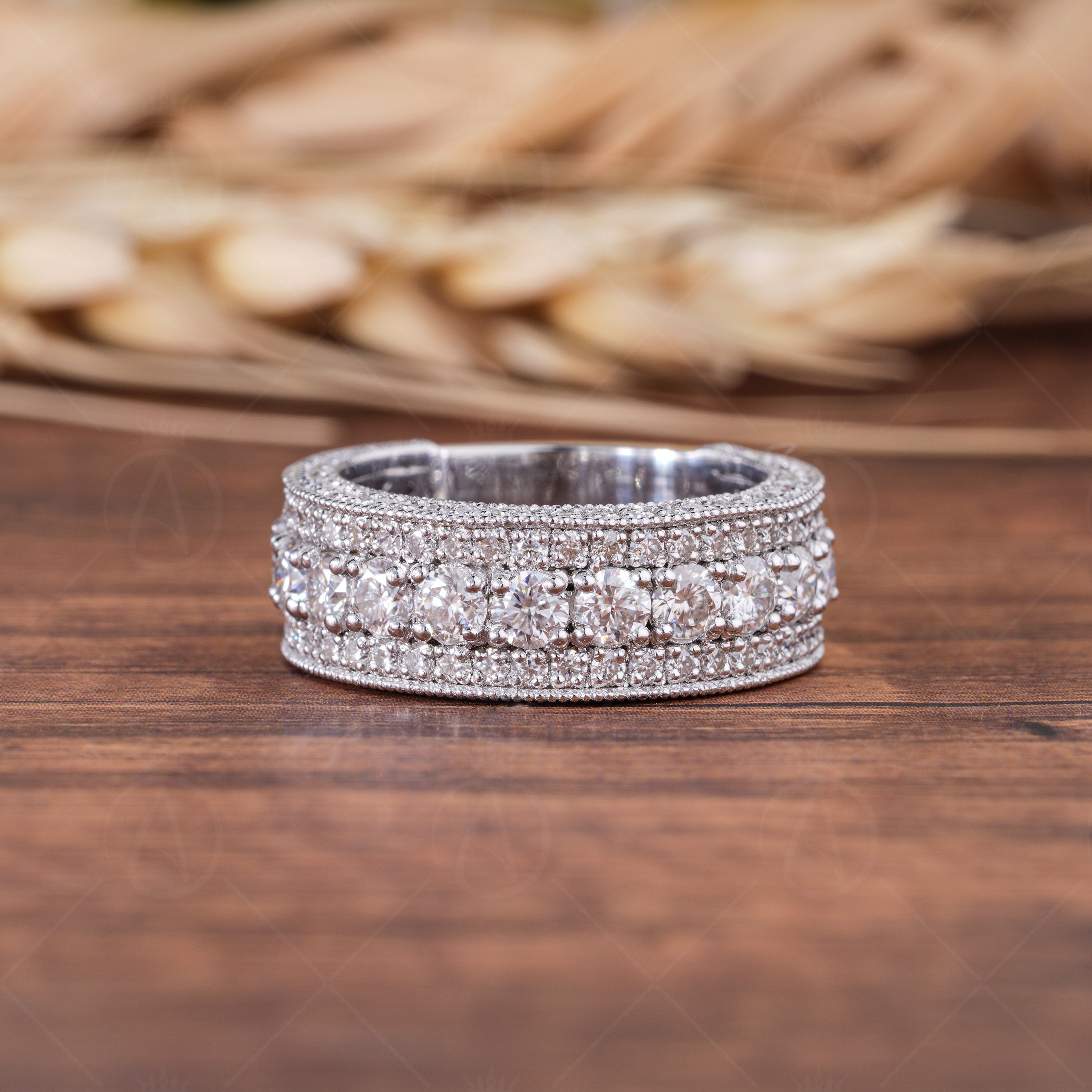 Milgrain Wide Band Rings For Women, 3 Sided Moissanite Anniversary Rings, Unique Moissanite Wedding Band, Butterfly Promise Ring For Her