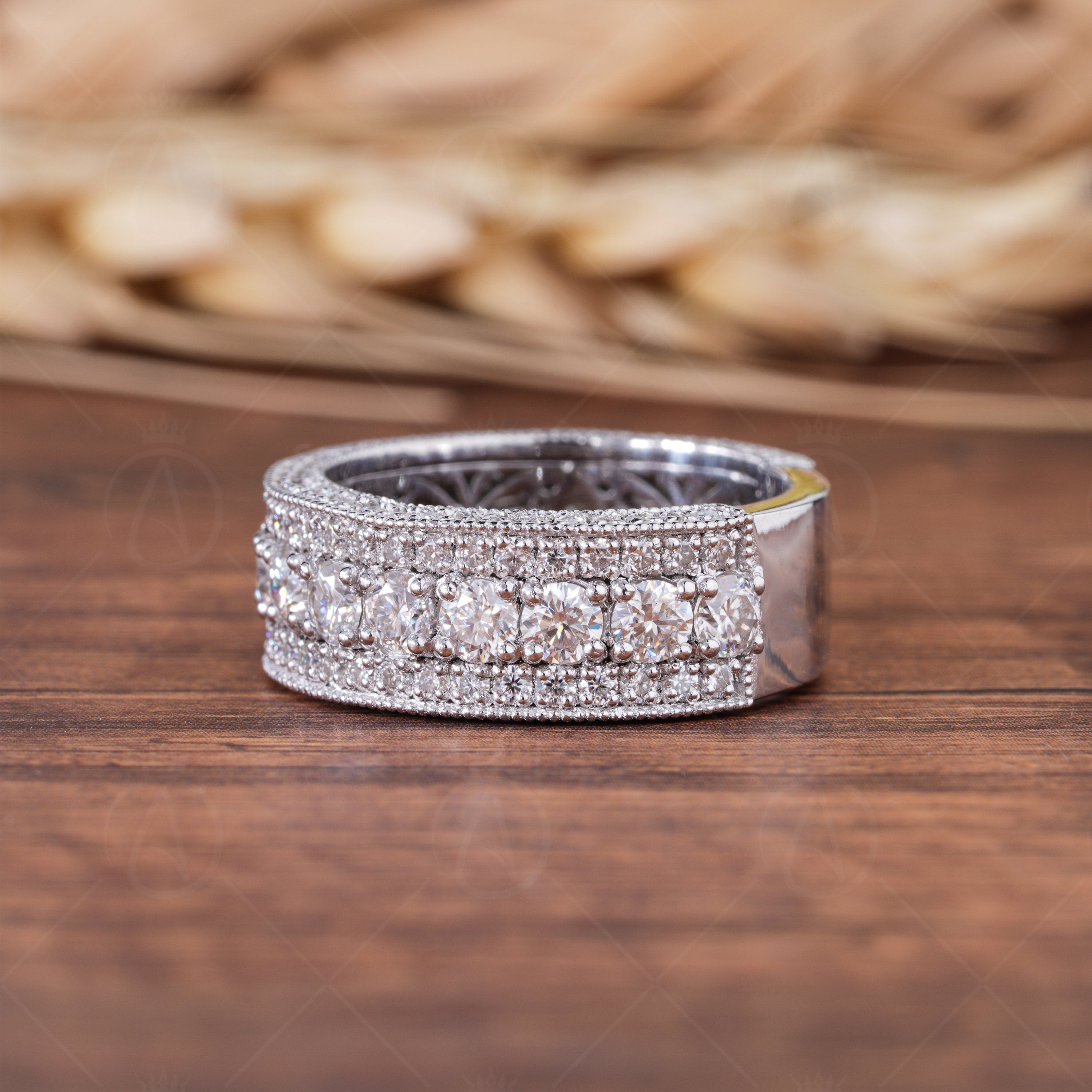 Milgrain Wide Band Rings For Women, 3 Sided Moissanite Anniversary Rings, Unique Moissanite Wedding Band, Butterfly Promise Ring For Her