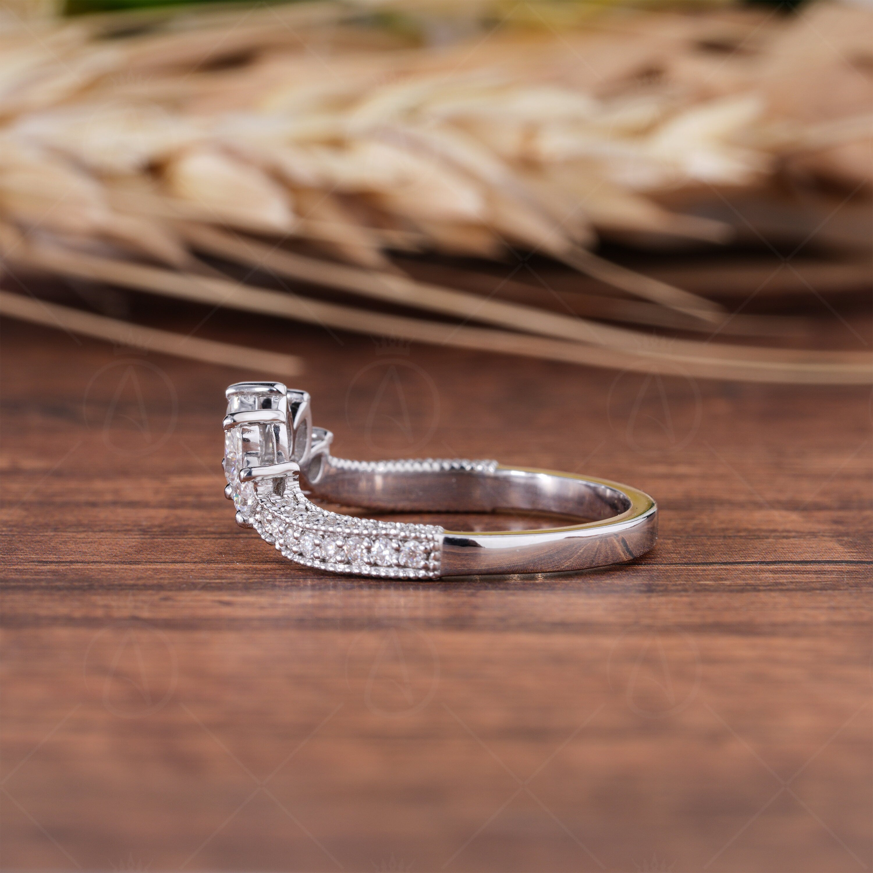 Contoured Wedding Bands Women, Milgrain Curved Stacking Ring, Pear Moissanite Matching Band, Nesting Anniversary Rings, Promise Ring For Her