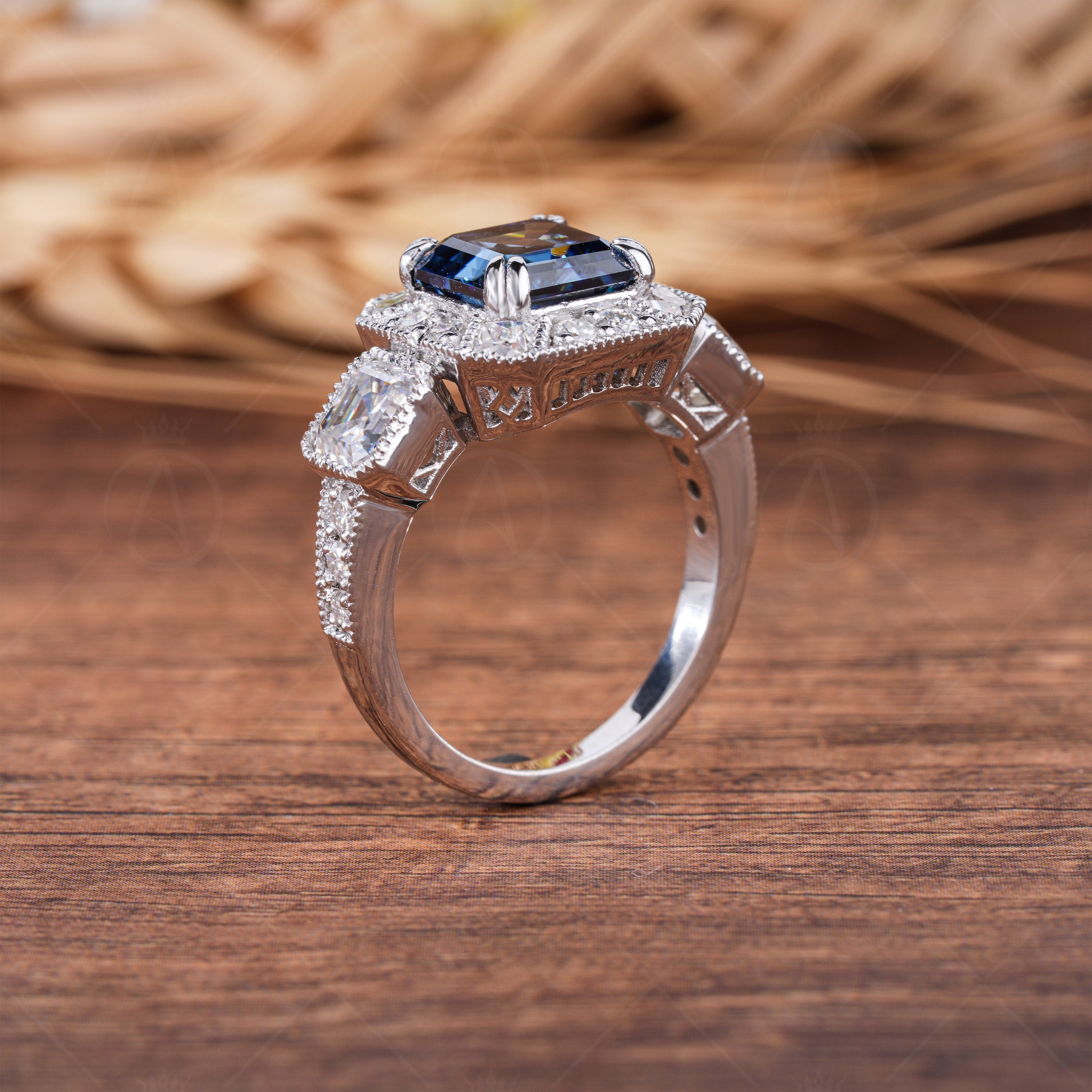 Blue Moissanite Asscher Cut Halo Engagement Ring