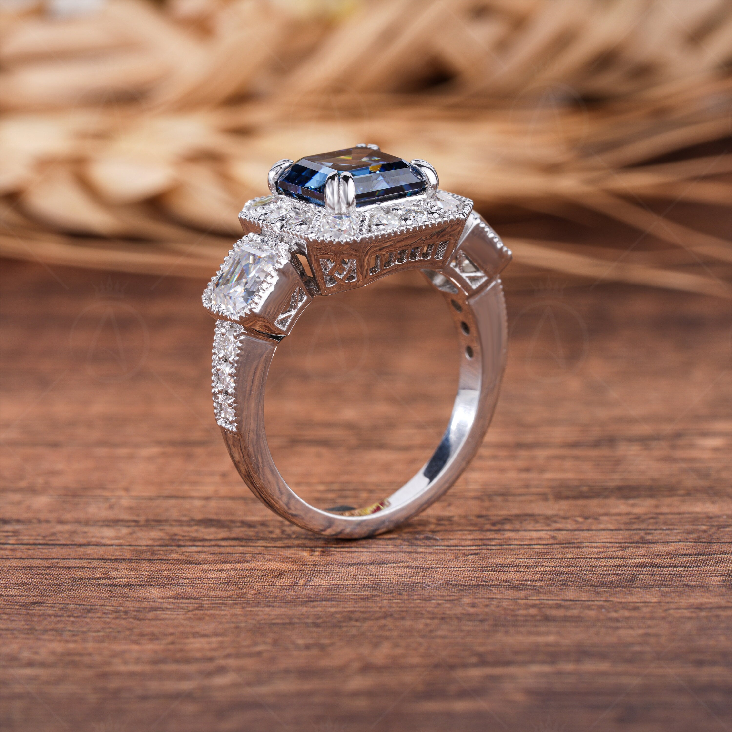 Blue Moissanite Asscher Cut Halo Engagement Ring, Electric Blue Stone Ring, Art Deco Milgrain Vintage Ring, Three Stone Rings For Women