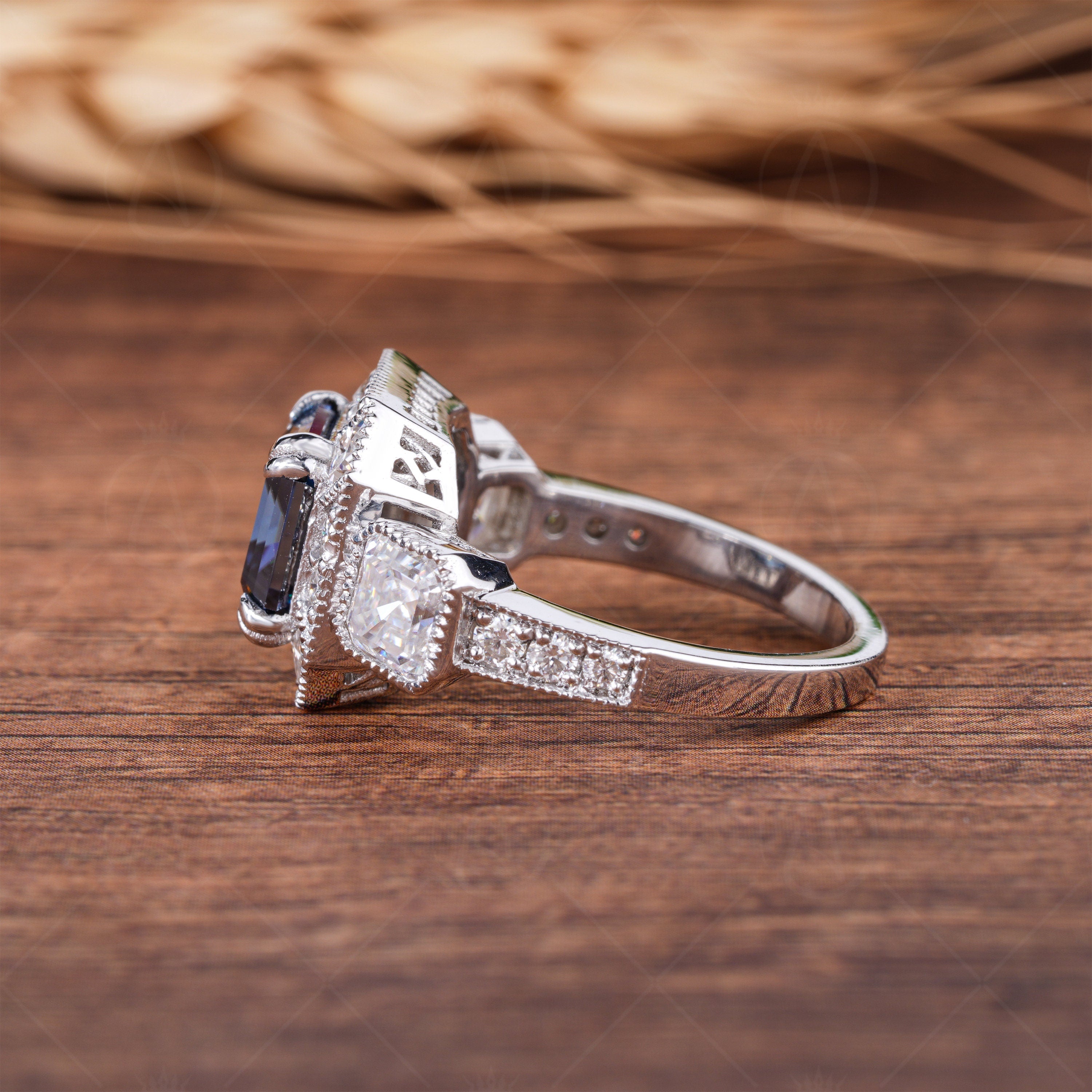 Blue Moissanite Asscher Cut Halo Engagement Ring, Electric Blue Stone Ring, Art Deco Milgrain Vintage Ring, Three Stone Rings For Women