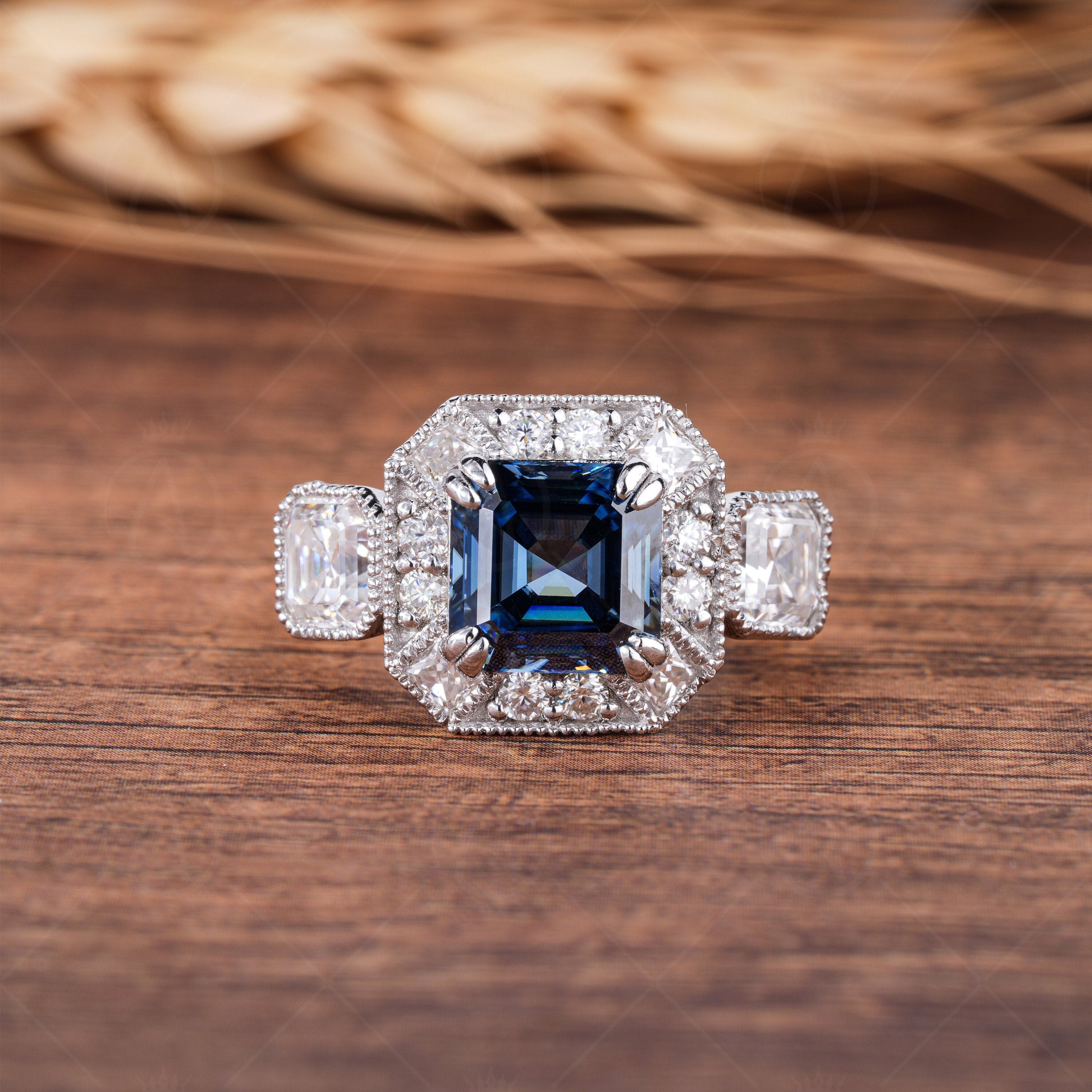 Blue Moissanite Asscher Cut Halo Engagement Ring, Electric Blue Stone Ring, Art Deco Milgrain Vintage Ring, Three Stone Rings For Women