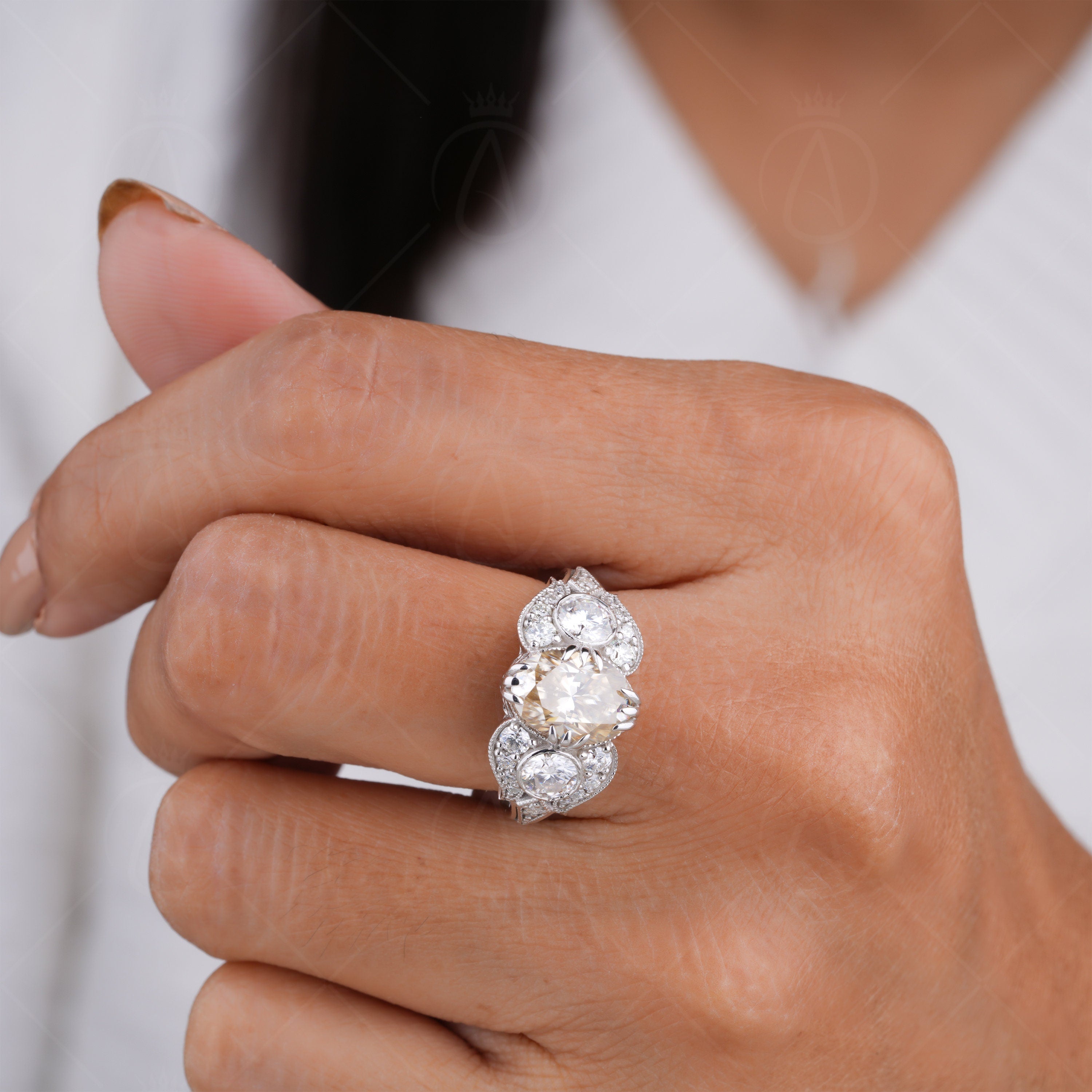 Antique Edwardian Engagement Ring, Yellow Oval Moissanite Vintage Rings For Women, Unique Art Deco Anniversary Rings, Retro Style Ring, Elongated Oval Victorian Style Ring