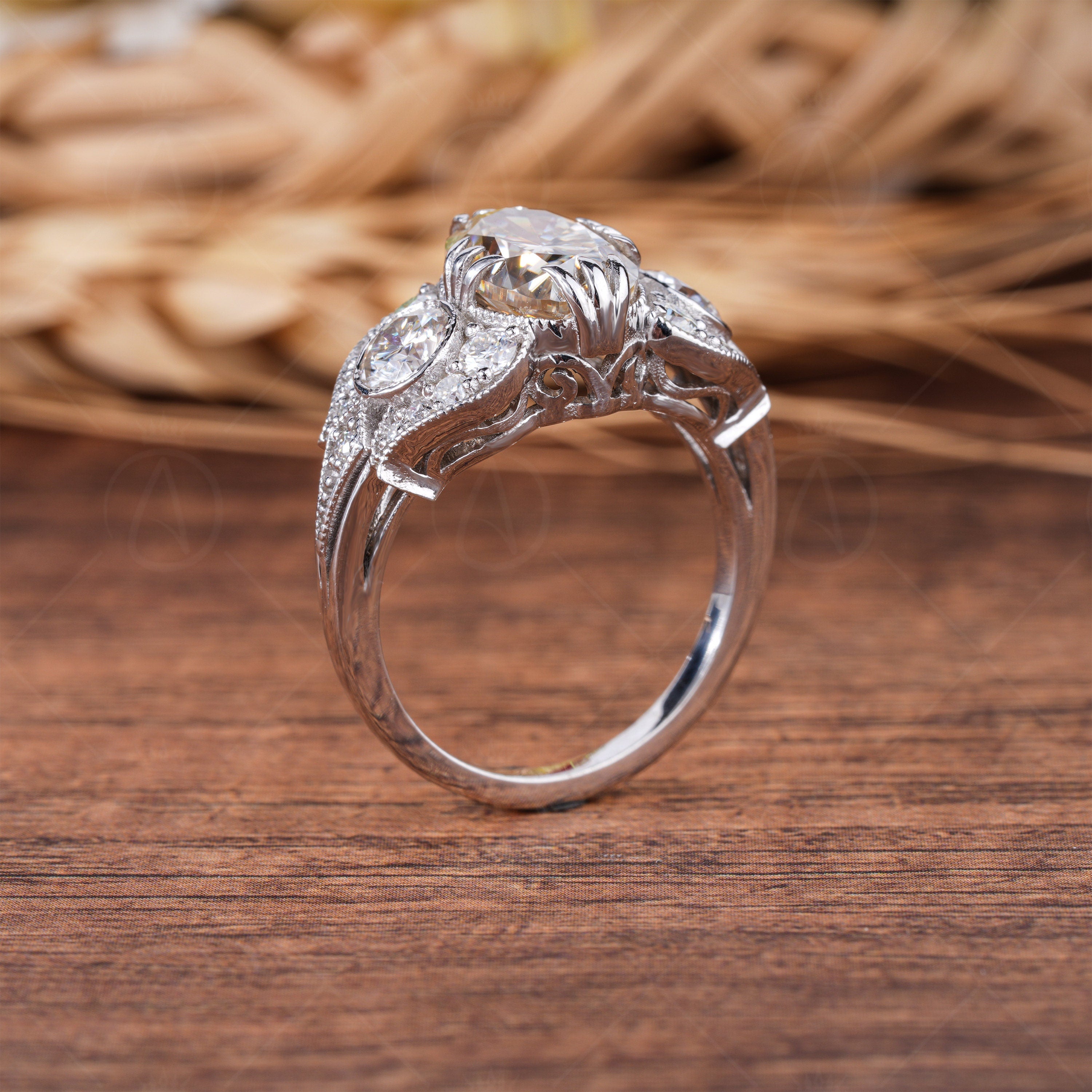 Antique Edwardian Engagement Ring, Yellow Oval Moissanite Vintage Rings For Women, Unique Art Deco Anniversary Rings, Retro Style Ring, Elongated Oval Victorian Style Ring