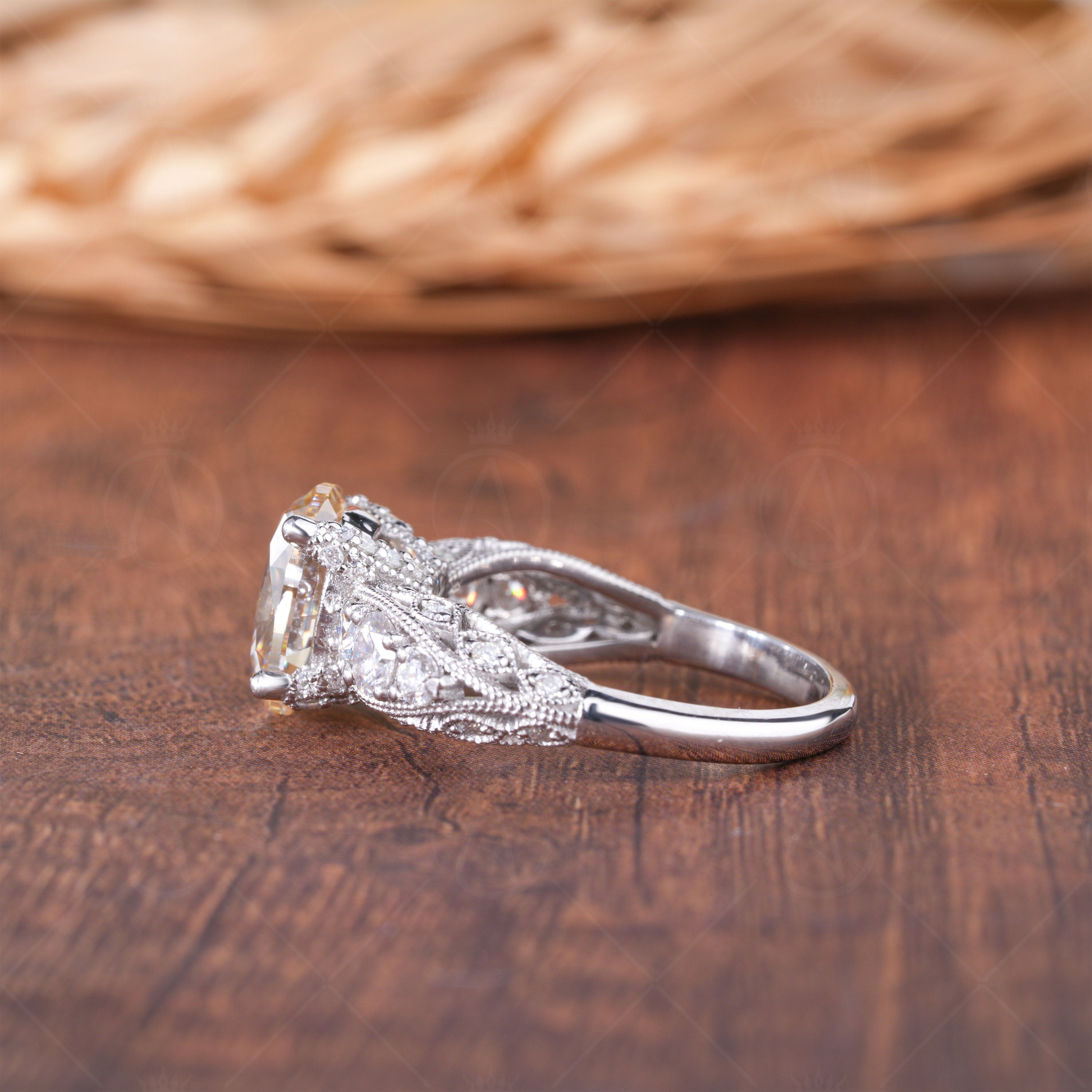 Yellow Oval Moissanite Vintage Inspired Engagement Ring For Women