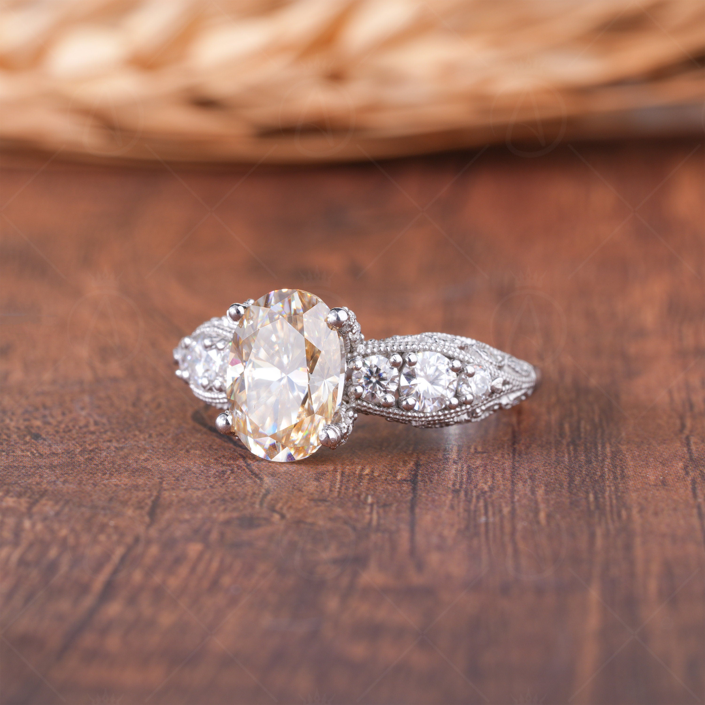 Yellow Oval Moissanite Vintage Inspired Engagement Ring For Women