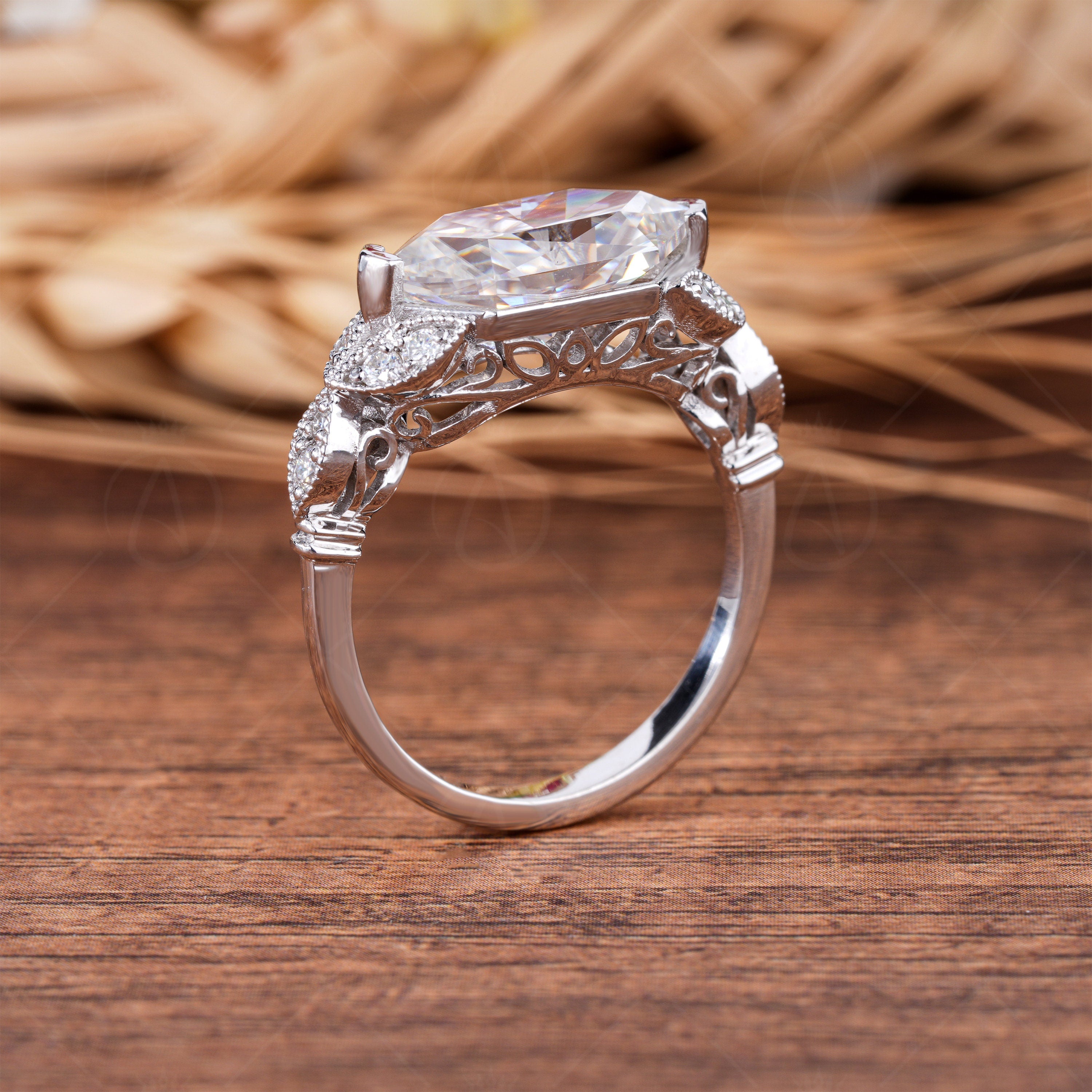 East West Dutch Marquise Cut Moissanite Ring, Art Deco Horizontal Marquise Engagement Ring, Vintage Style Promise Rings For Women