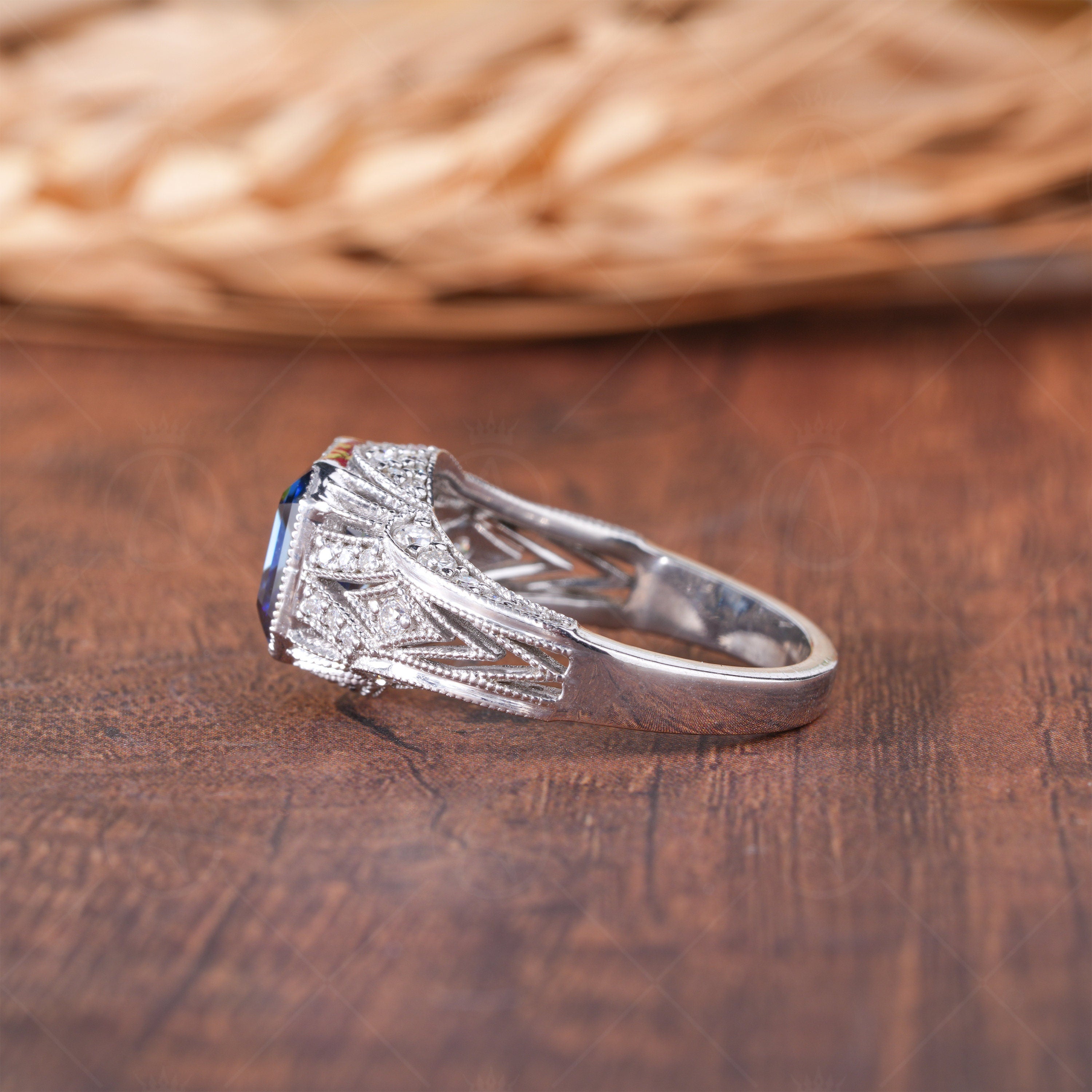 Electric Blue Asscher Cut Moissanite Art Deco Ring, Vintage Filigree Engagement Ring, September Birthstone Ring, Estate Milgrain Ring, Edwardian Inspired Victorian Ring, Estate Jewelry For Women