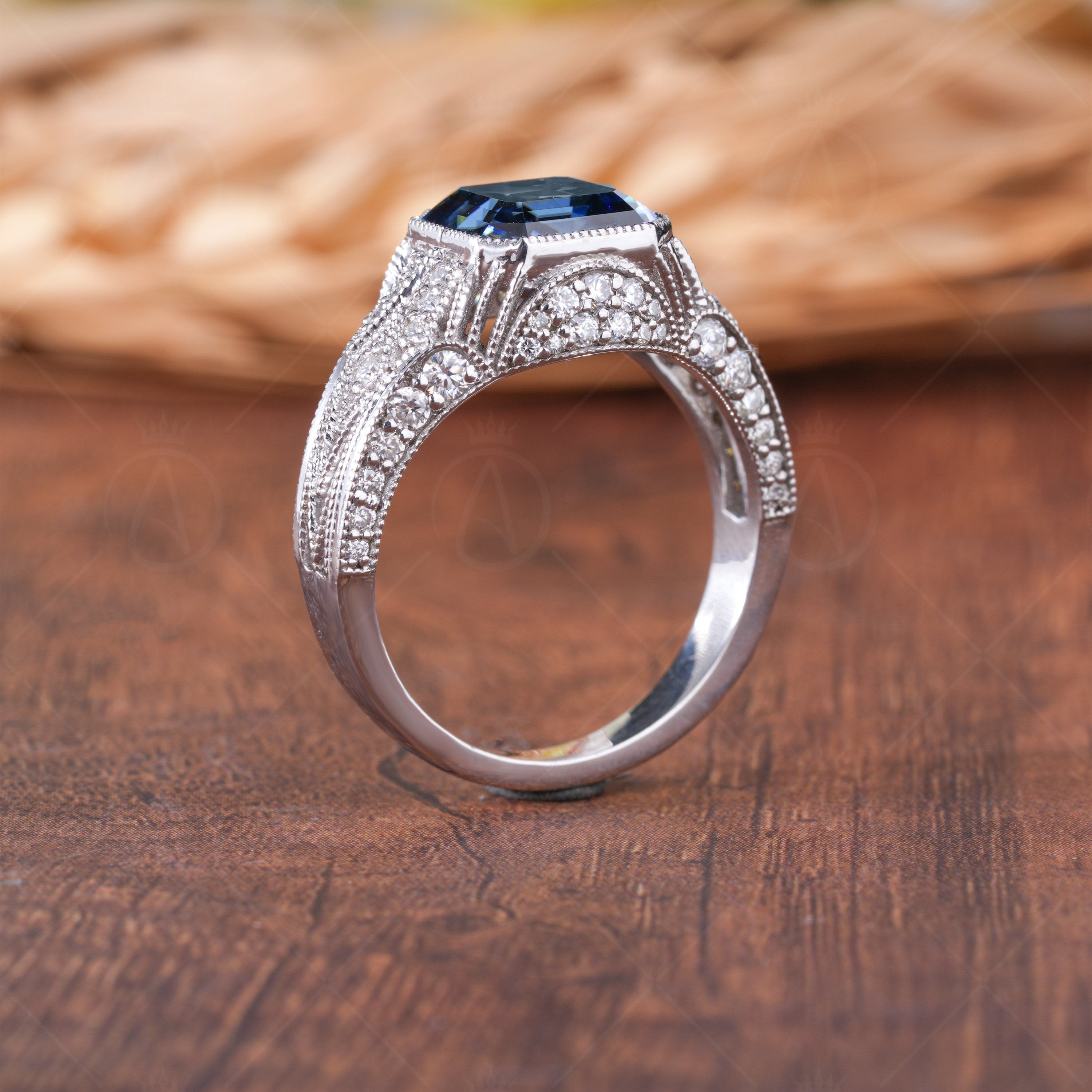 Electric Blue Asscher Cut Moissanite Art Deco Ring, Vintage Filigree Engagement Ring, September Birthstone Ring, Estate Milgrain Ring, Edwardian Inspired Victorian Ring, Estate Jewelry For Women