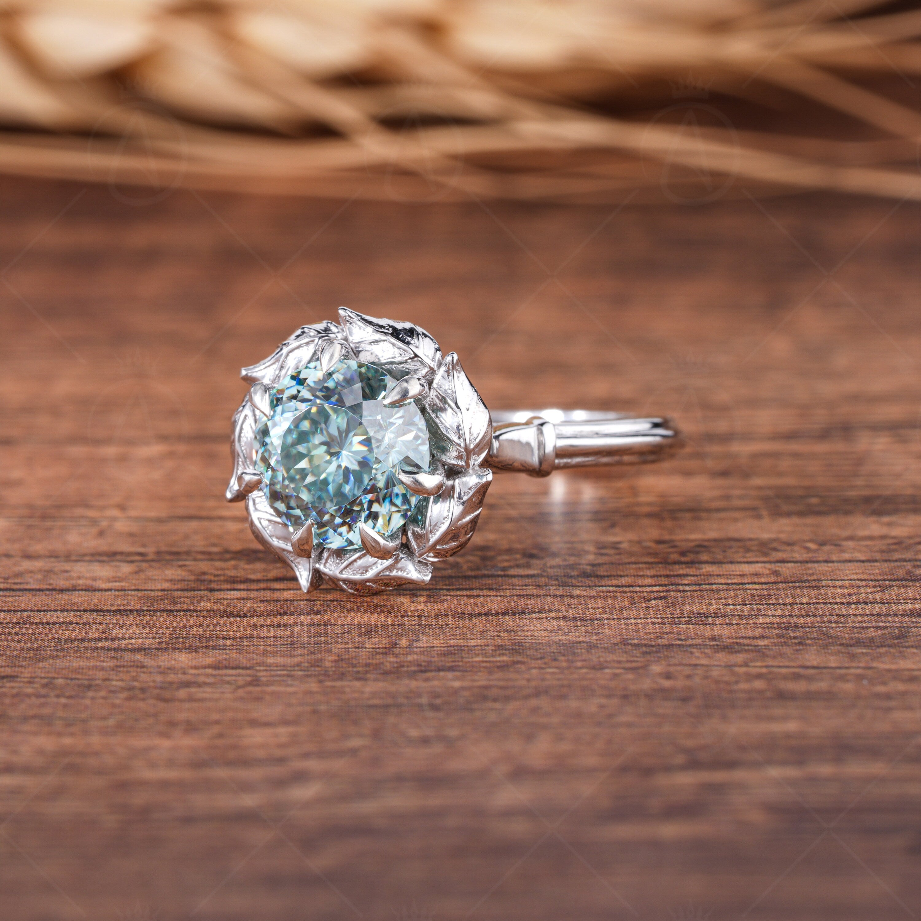 Engraved Leaf Nature Inspired Ring, Cyan Blue Portuguese Cut Moissanite Engagement Ring, Carved Art Deco Womens Ring, Promise Ring For Her