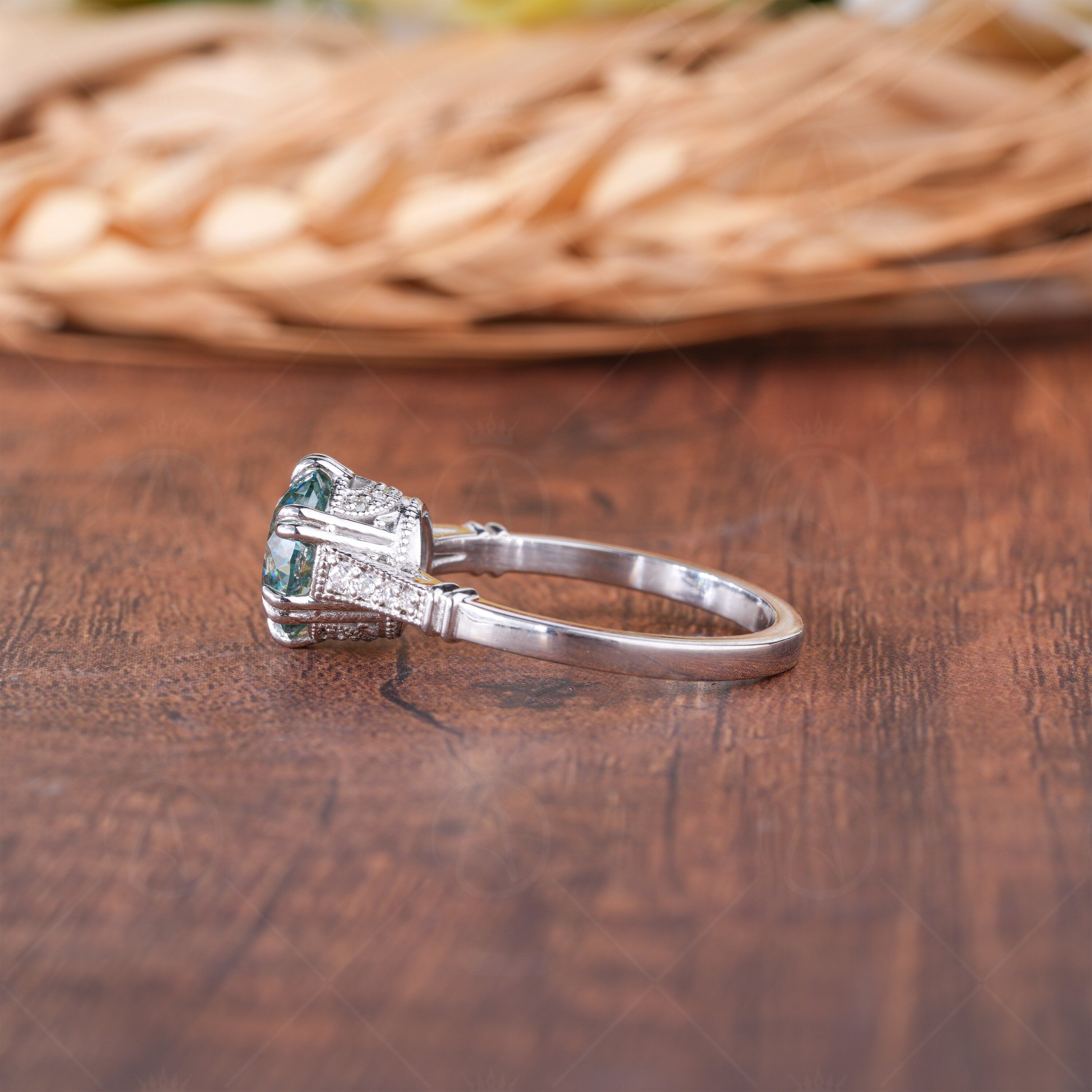 Cyan Blue Portuguese Cut Moissanite Ring, Art Deco Unique Engagement Ring, Round Portuguese Cut Vintage Ring, Promise Rings For Women