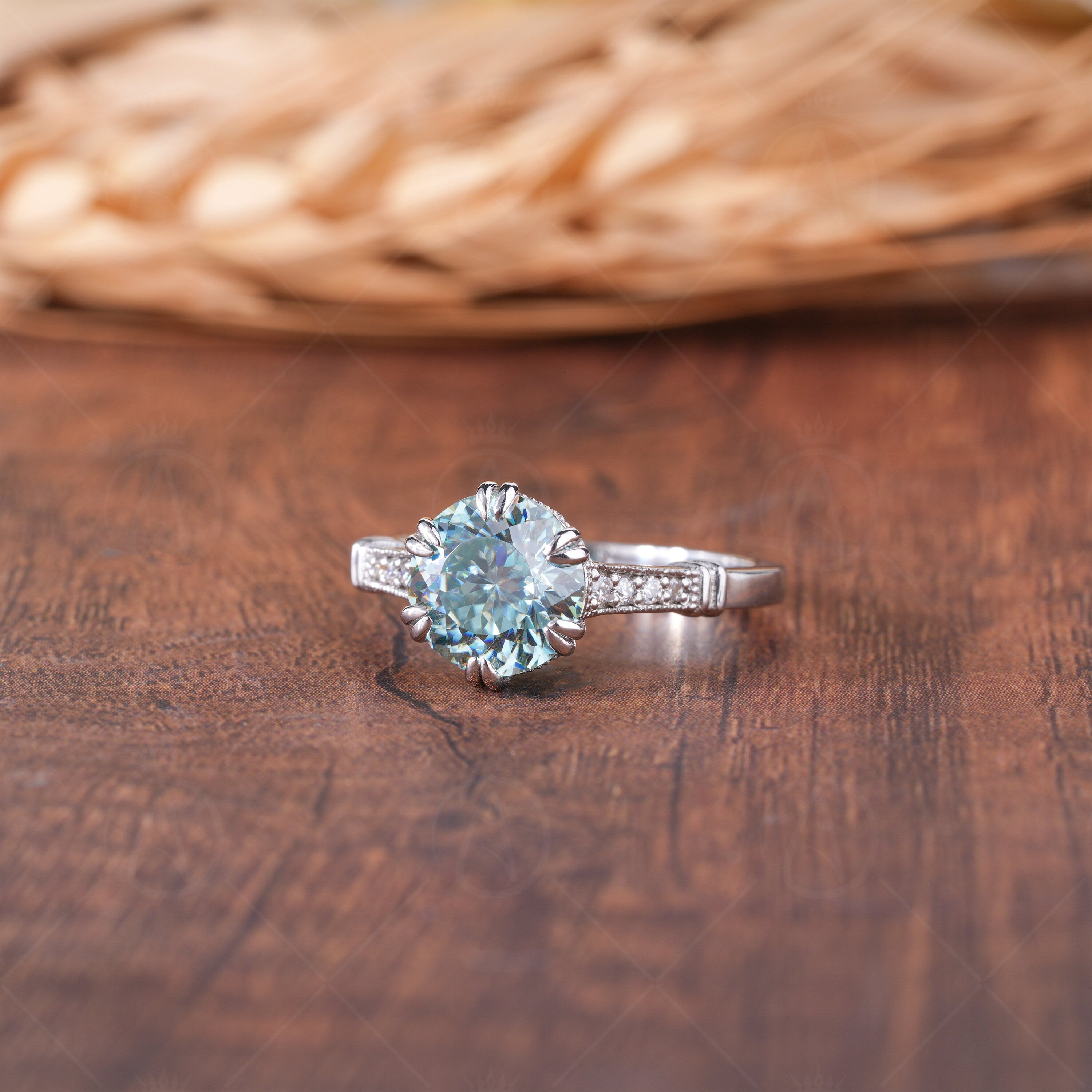 Cyan Blue Portuguese Cut Moissanite Ring, Art Deco Unique Engagement Ring, Round Portuguese Cut Vintage Ring, Promise Rings For Women