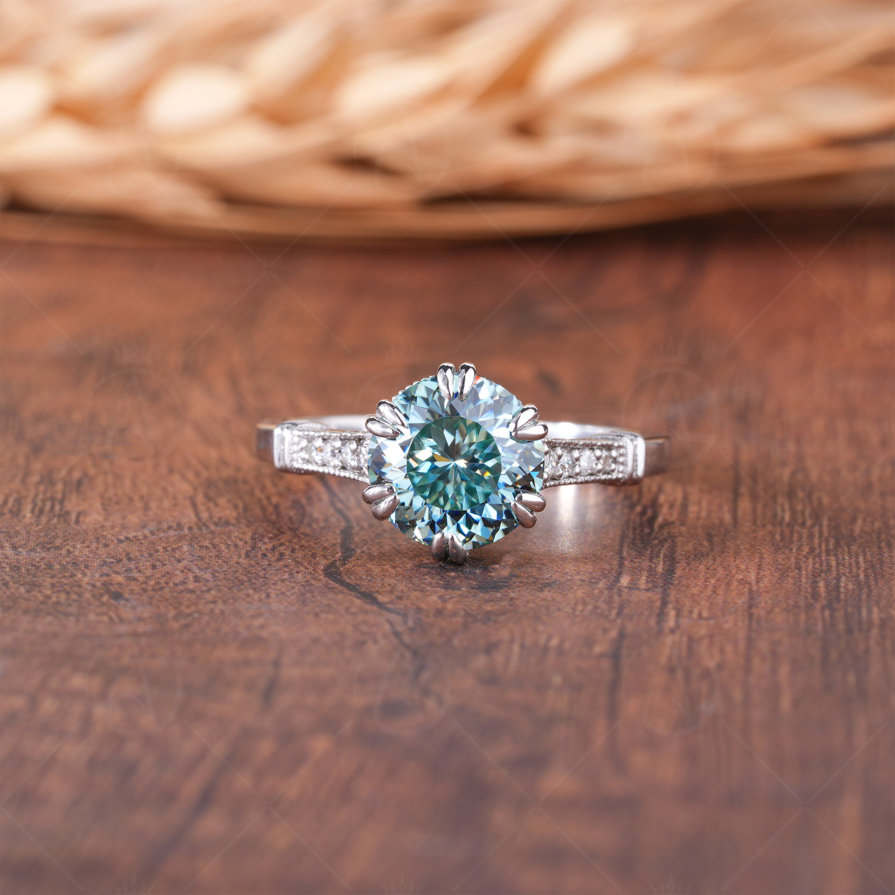 Cyan Blue Portuguese Cut Moissanite Ring, Art Deco Unique Engagement Ring, Round Portuguese Cut Vintage Ring, Promise Rings For Women