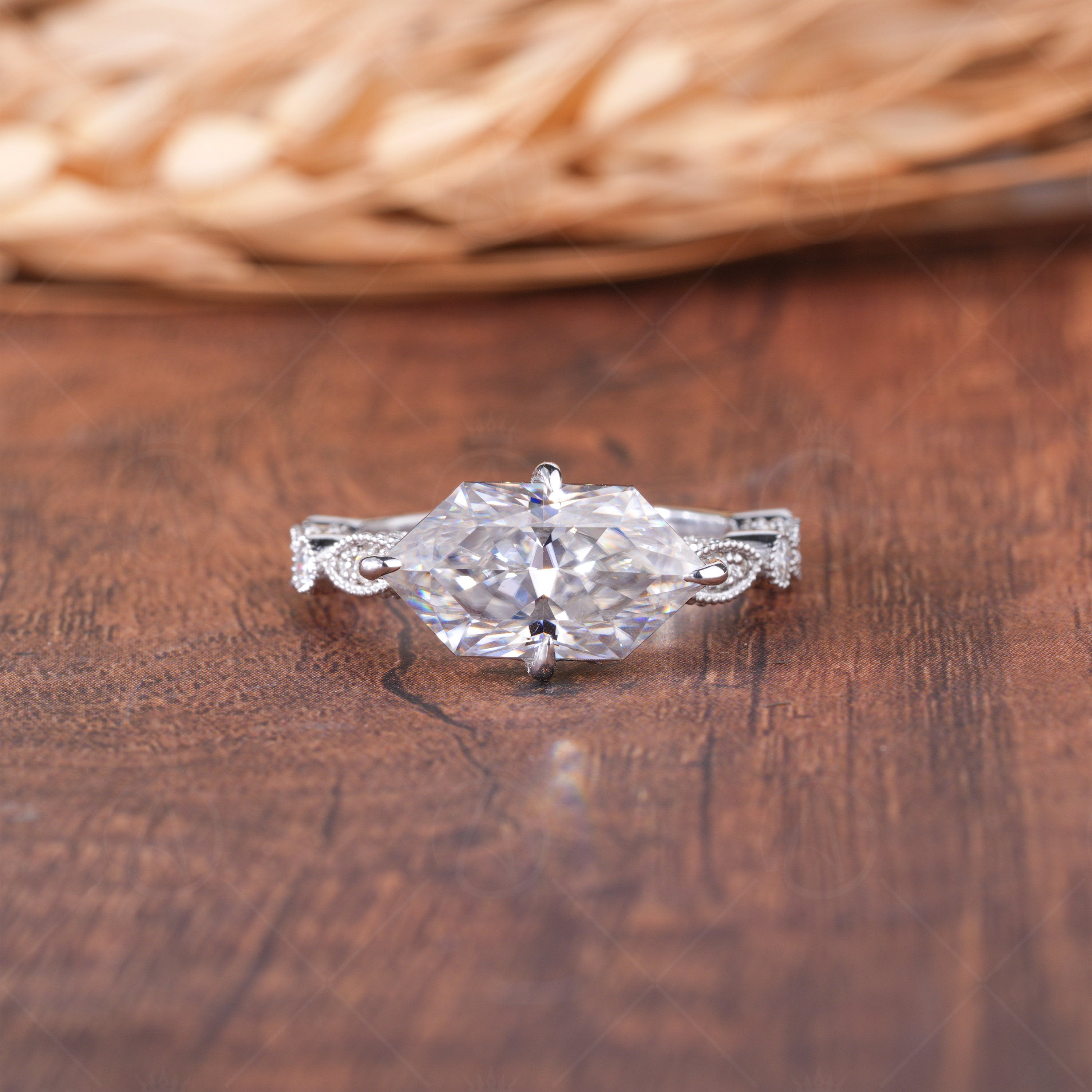 Art Deco Vintage Solitaire Engagement Ring, Sideways Dutch Marquise Cut Moissanite Ring, Horizontal Marquise Ring, Milgrain Promise Ring