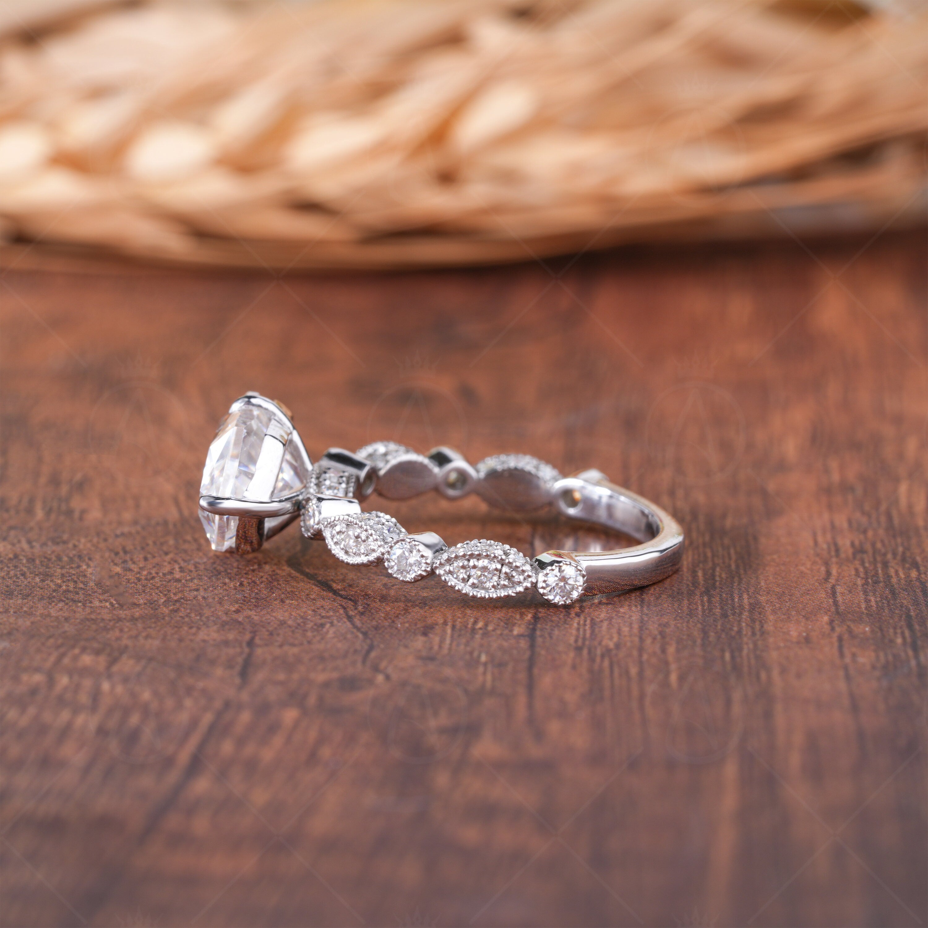 Art Deco Vintage Solitaire Engagement Ring, Sideways Dutch Marquise Cut Moissanite Ring, Horizontal Marquise Ring, Milgrain Promise Ring
