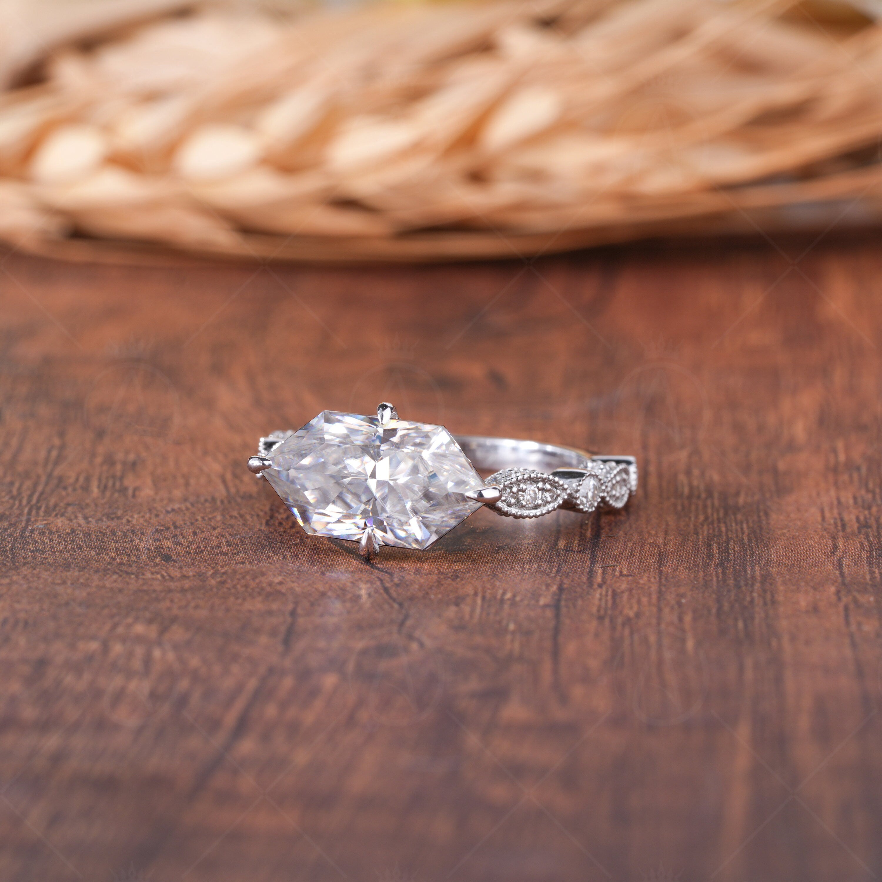 Art Deco Vintage Solitaire Engagement Ring, Sideways Dutch Marquise Cut Moissanite Ring, Horizontal Marquise Ring, Milgrain Promise Ring