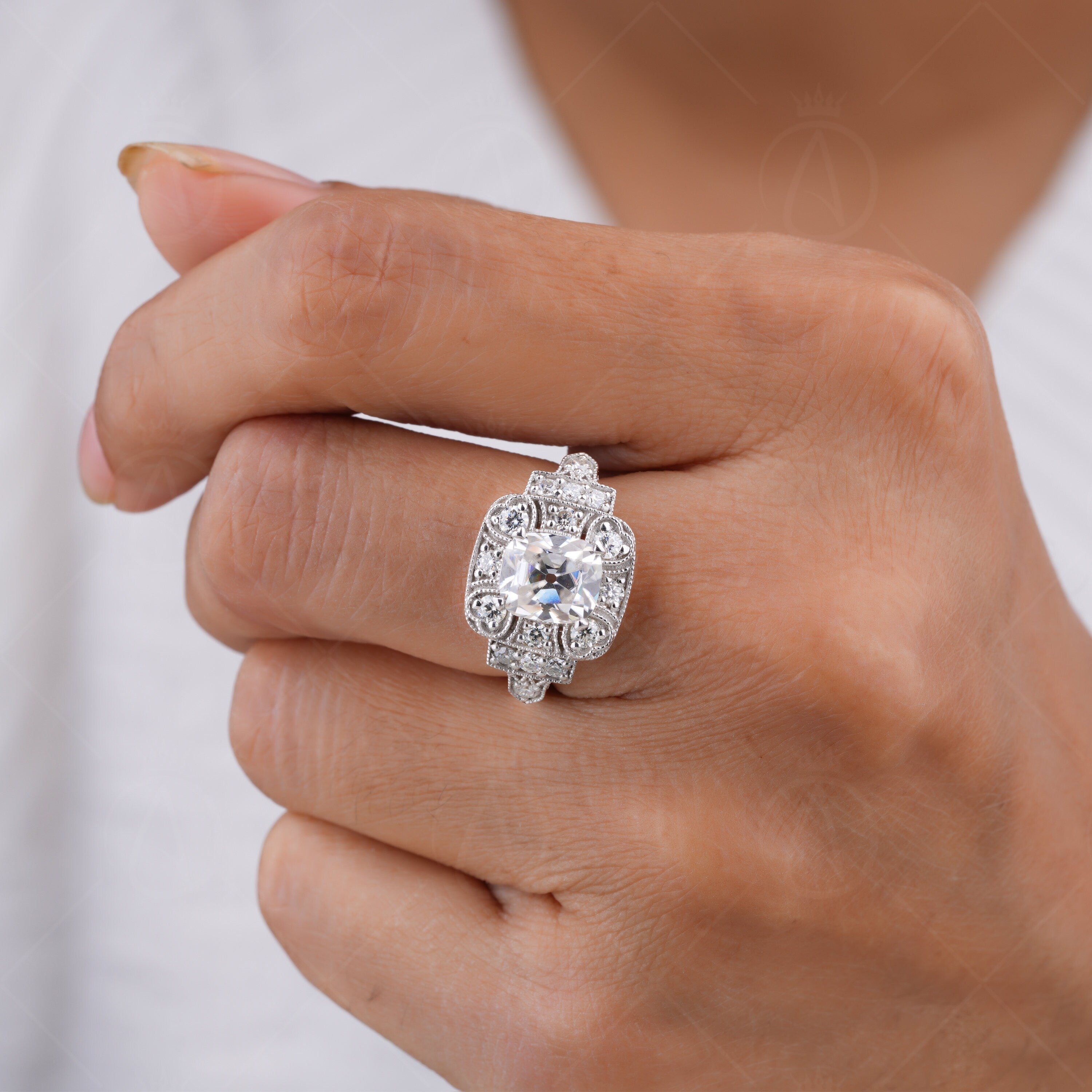 Victorian Style Edwardian Moissanite Engagement Ring, Antique Old Mine Cut Cushion Cut Ring, OEC Moissanite Vintage Ring, Milgrain Ring