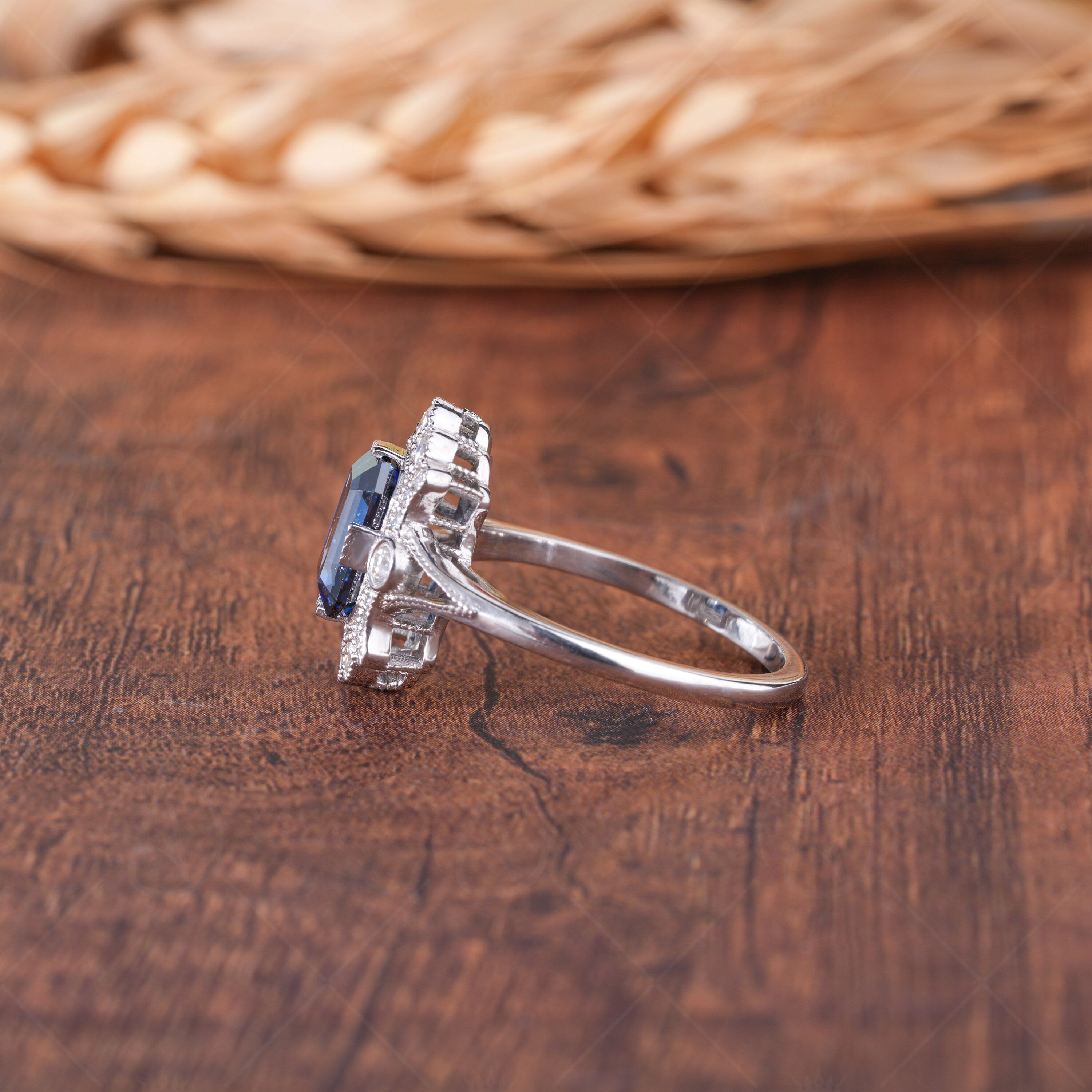 Blue Emerald Cut Moissanite Halo Engagement Ring, Electric Blue Moissanite Ring, Art Deco Anniversary Rings For Women, Vintage Milgrain Ring