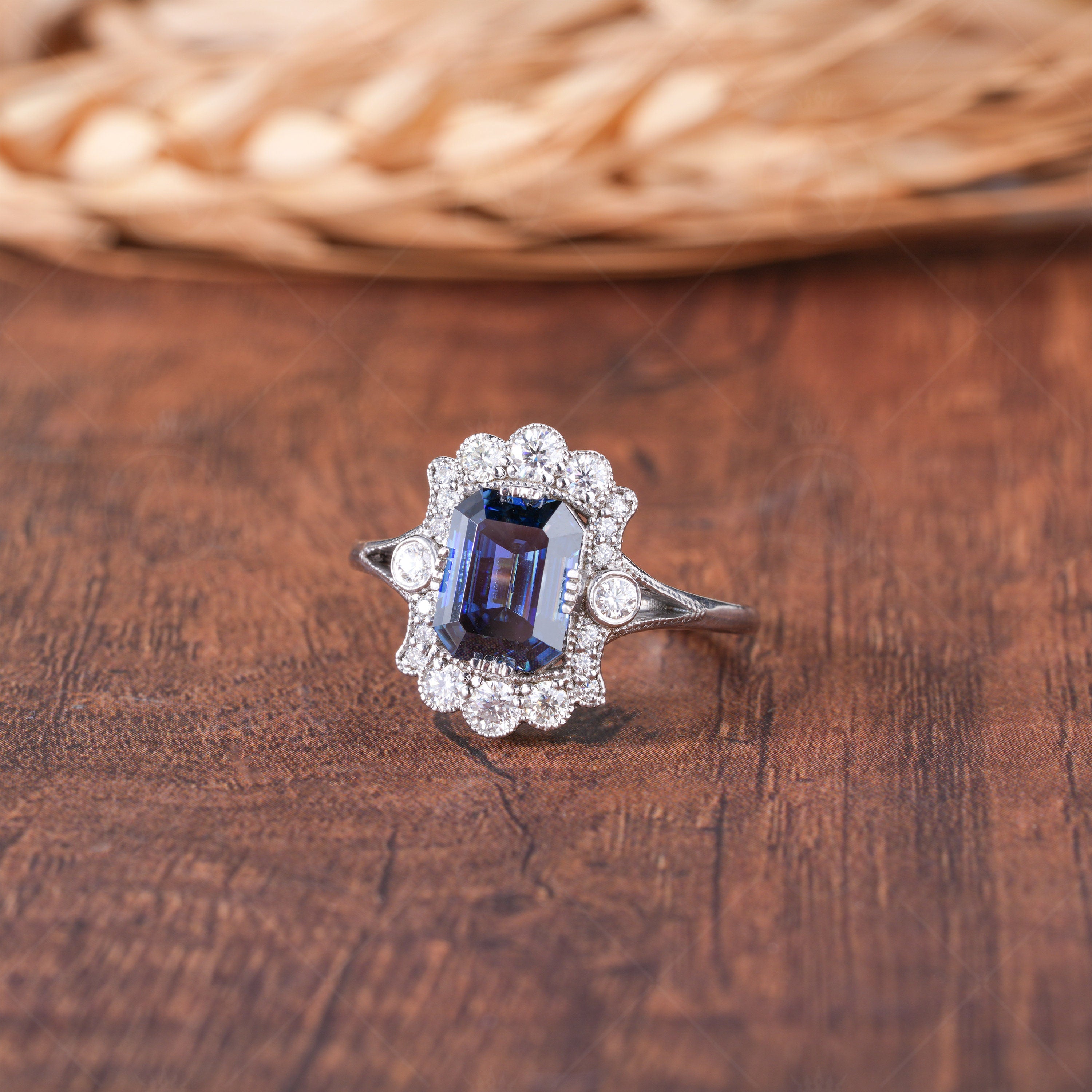 Blue Emerald Cut Moissanite Halo Engagement Ring, Electric Blue Moissanite Ring, Art Deco Anniversary Rings For Women, Vintage Milgrain Ring