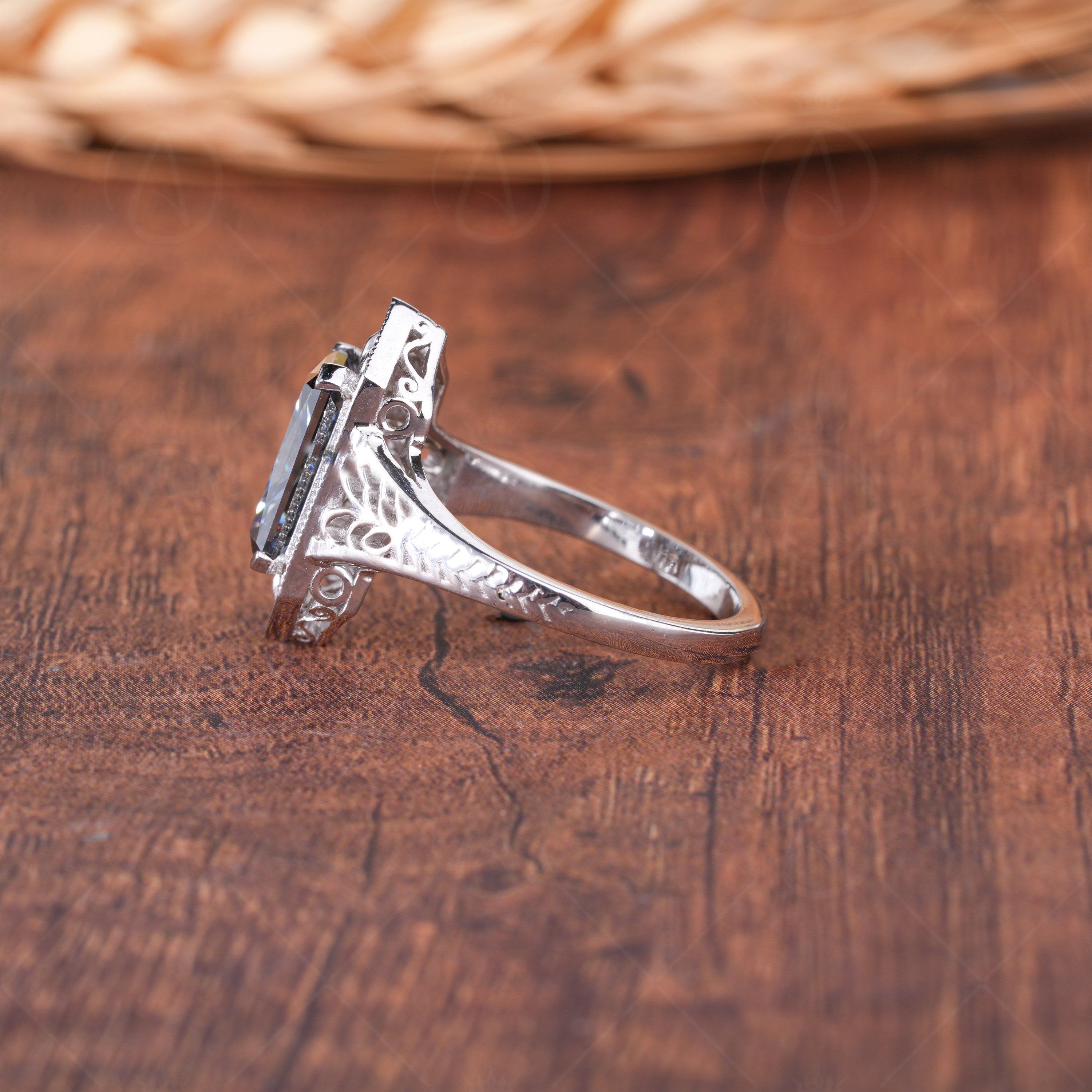 Hexagon Shape Filigree Engagement Ring, Grey Elongated Radiant Cut Moissanite Halo Ring, Unique Art Deco Rings For Women, Gray Stone Ring