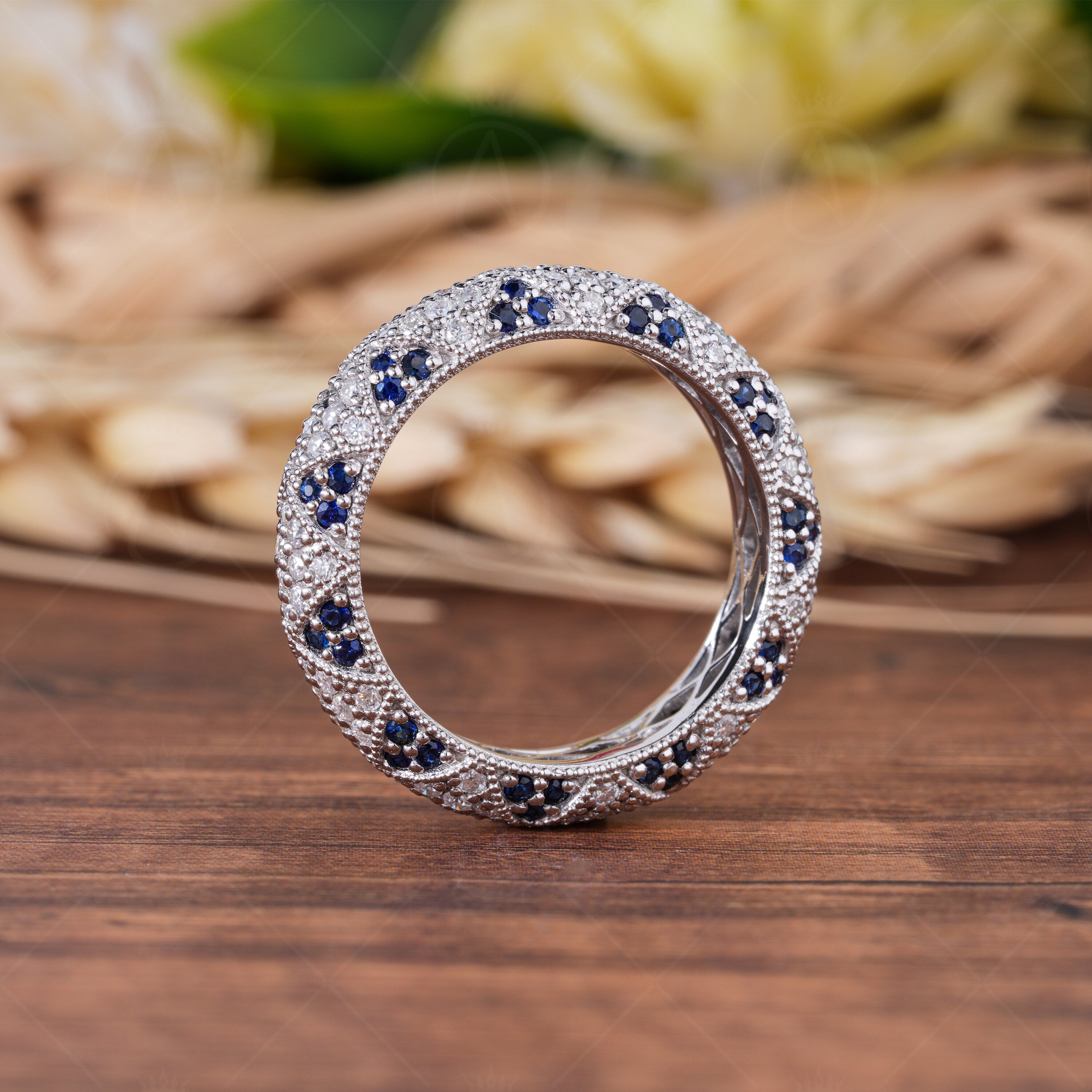 Moissanite Estate Wedding Bands Women, Natural Sapphire Dome Statement Ring, Art Deco Vintage Milgrain Band, Unique Full Eternity Band