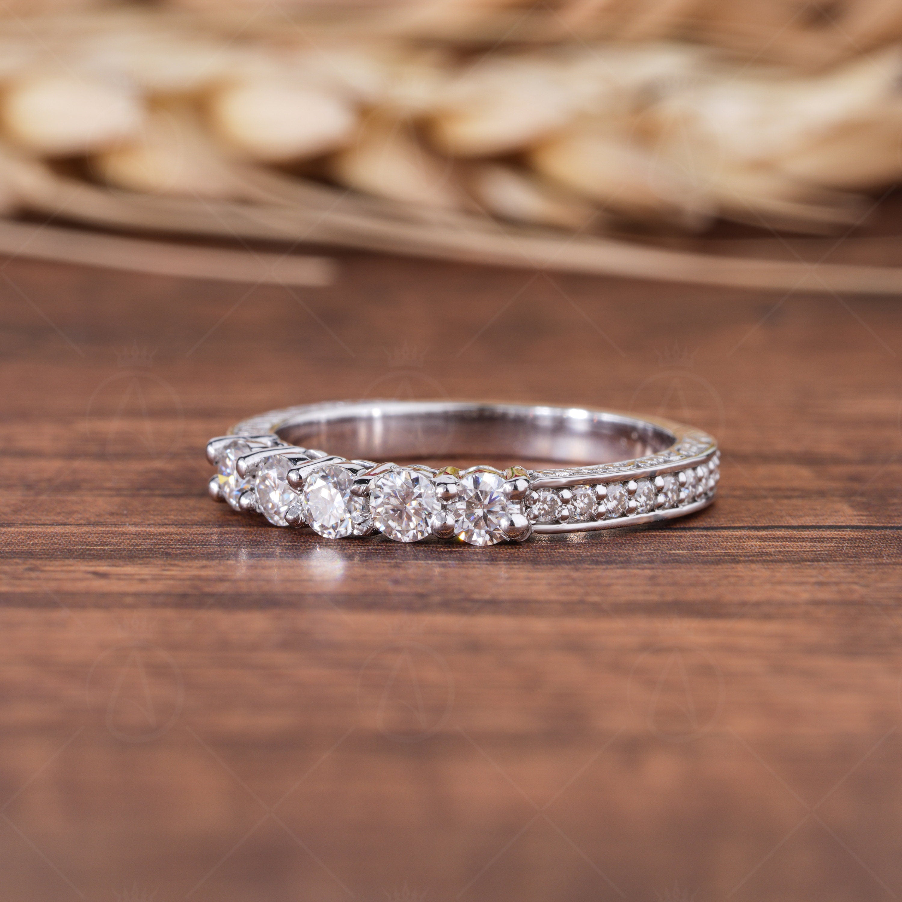 Antique Carved Vintage Wedding Bands Women, Engraved 5 Stone Stackable Anniversary Rings, Unique Vintage Bridal Band Ring, Matching Band