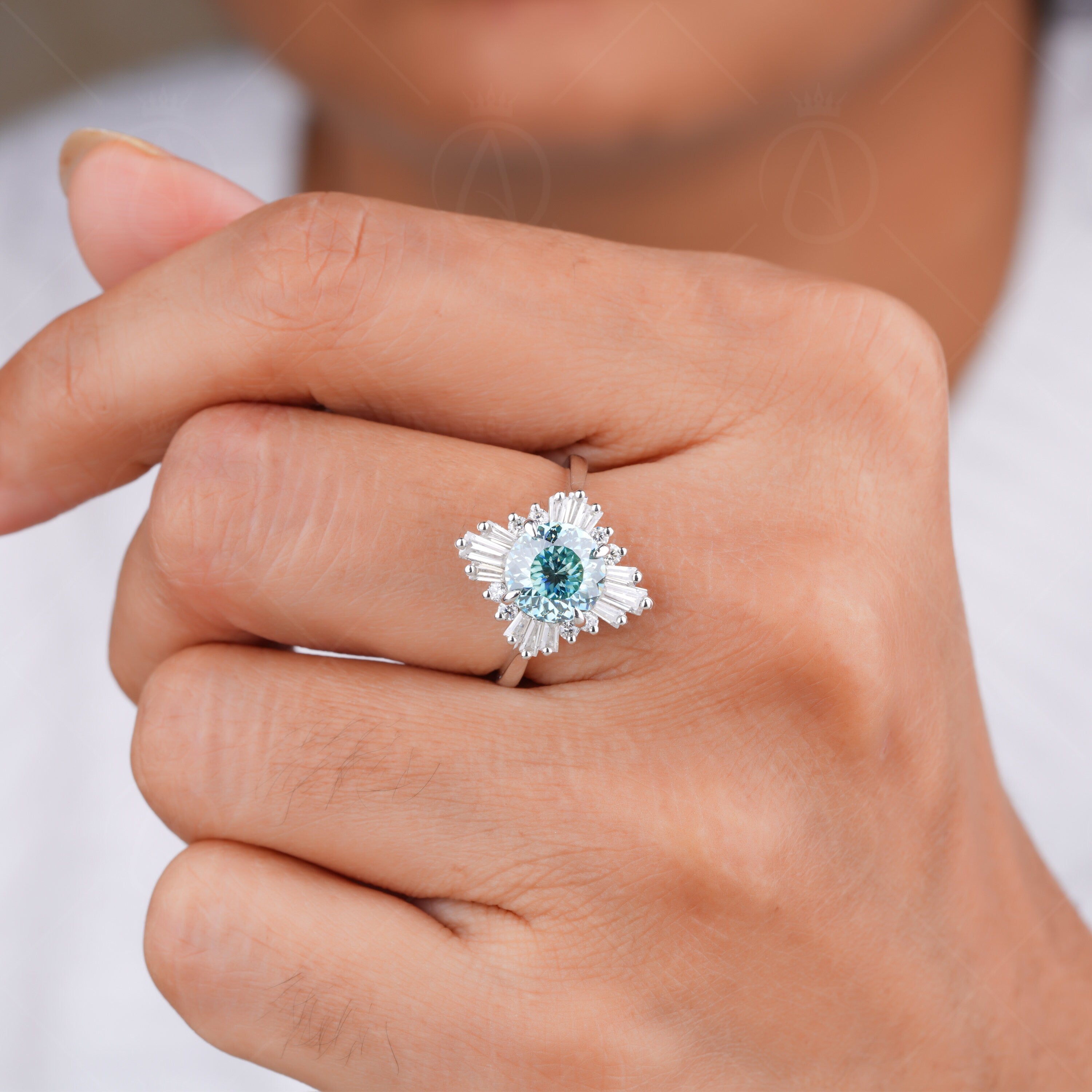 Art Deco Starburst Engagement Ring, Cyan Blue Portuguese Cut Moissanite Ring, Gatsby Inspired Vintage Ring, Unique Moissanite Halo Ring