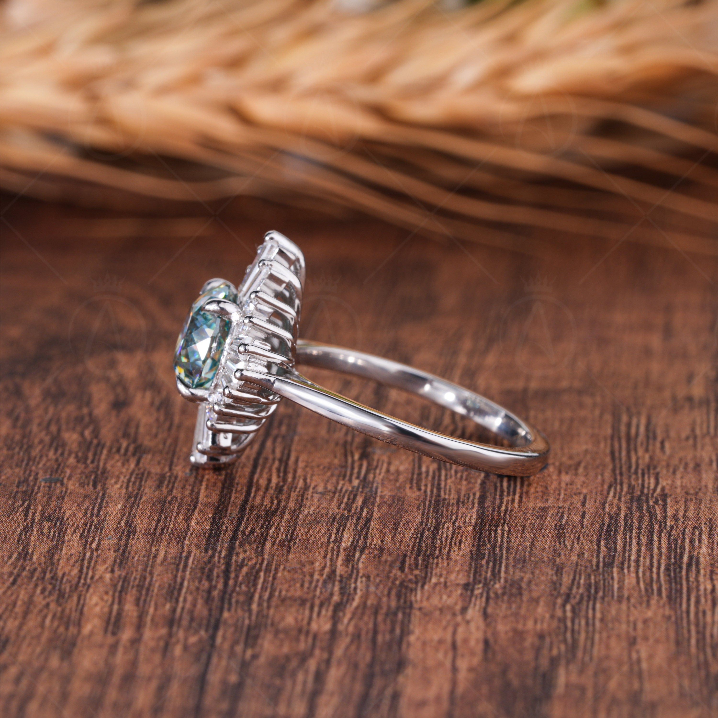 Art Deco Starburst Engagement Ring, Cyan Blue Portuguese Cut Moissanite Ring, Gatsby Inspired Vintage Ring, Unique Moissanite Halo Ring