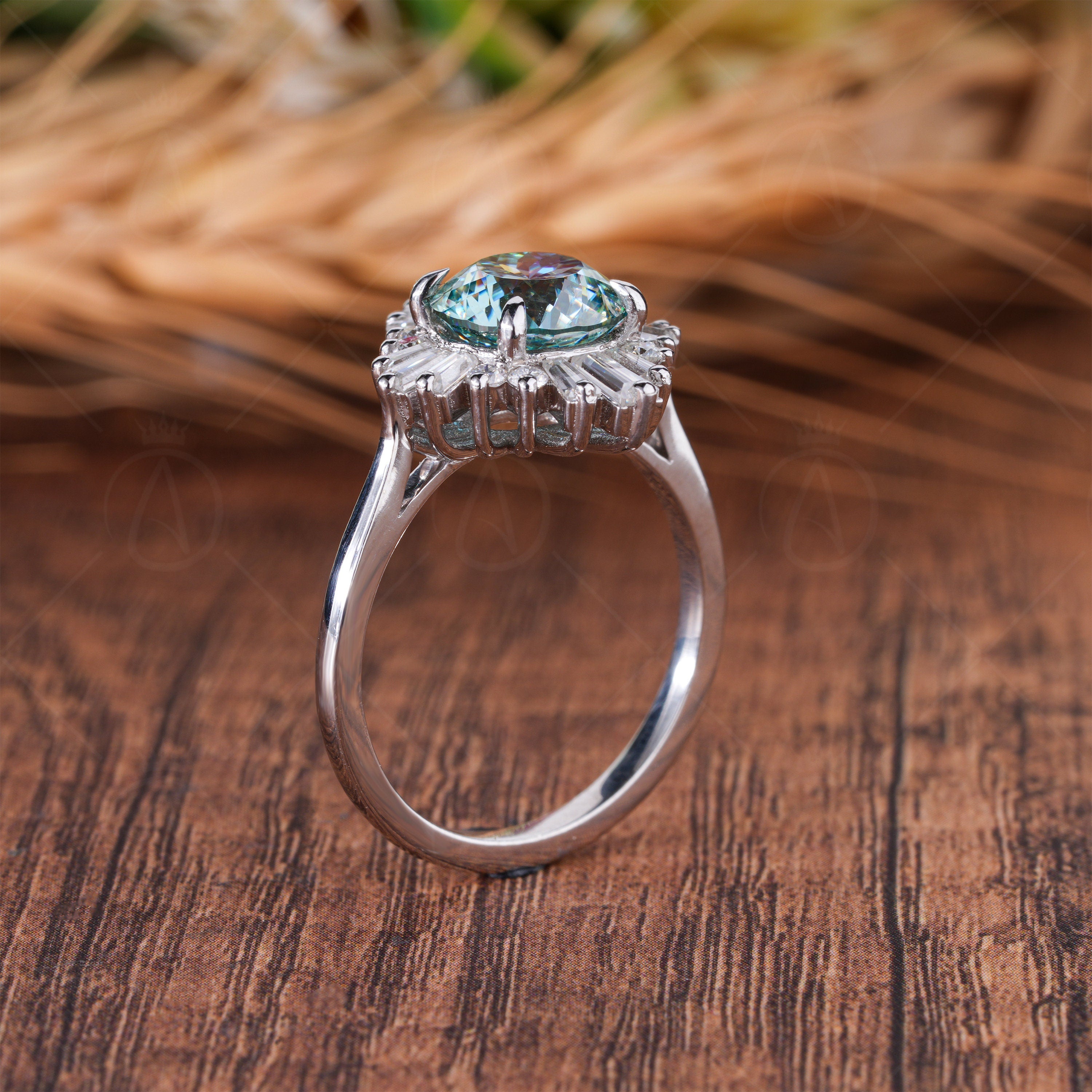 Art Deco Starburst Engagement Ring, Cyan Blue Portuguese Cut Moissanite Ring, Gatsby Inspired Vintage Ring, Unique Moissanite Halo Ring