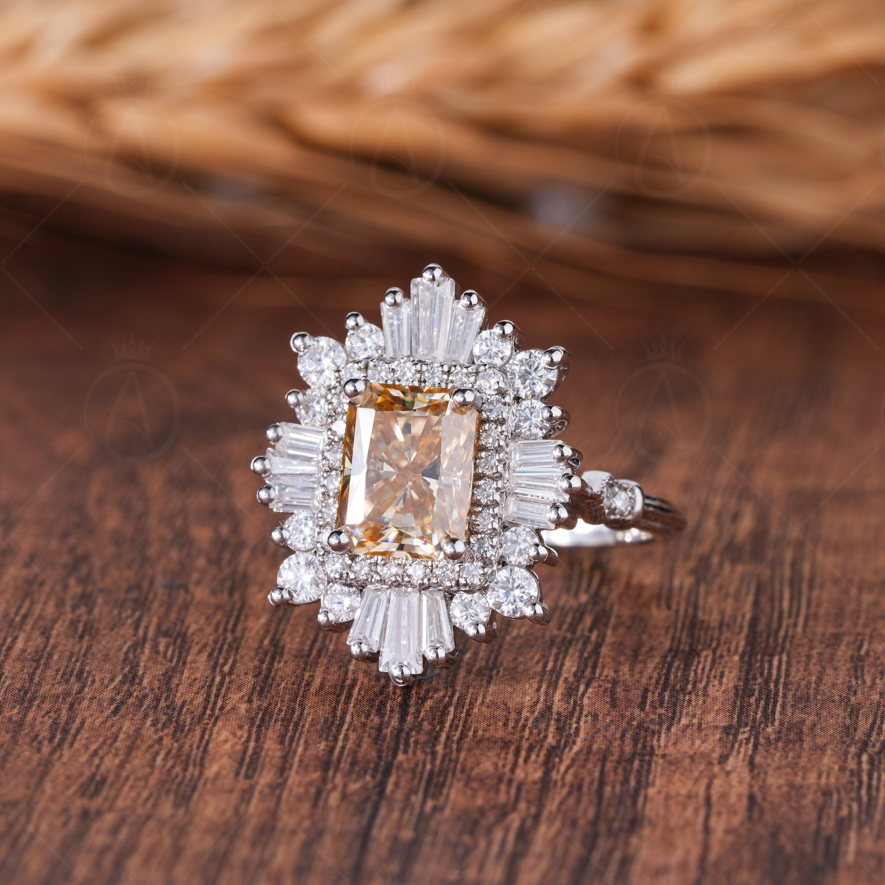 Vintage Inspired Art Deco Sunburst Engagement Ring, Gatsby Champagne Moissanite Ring, Unique Double Halo Statement Jewelry For Women
