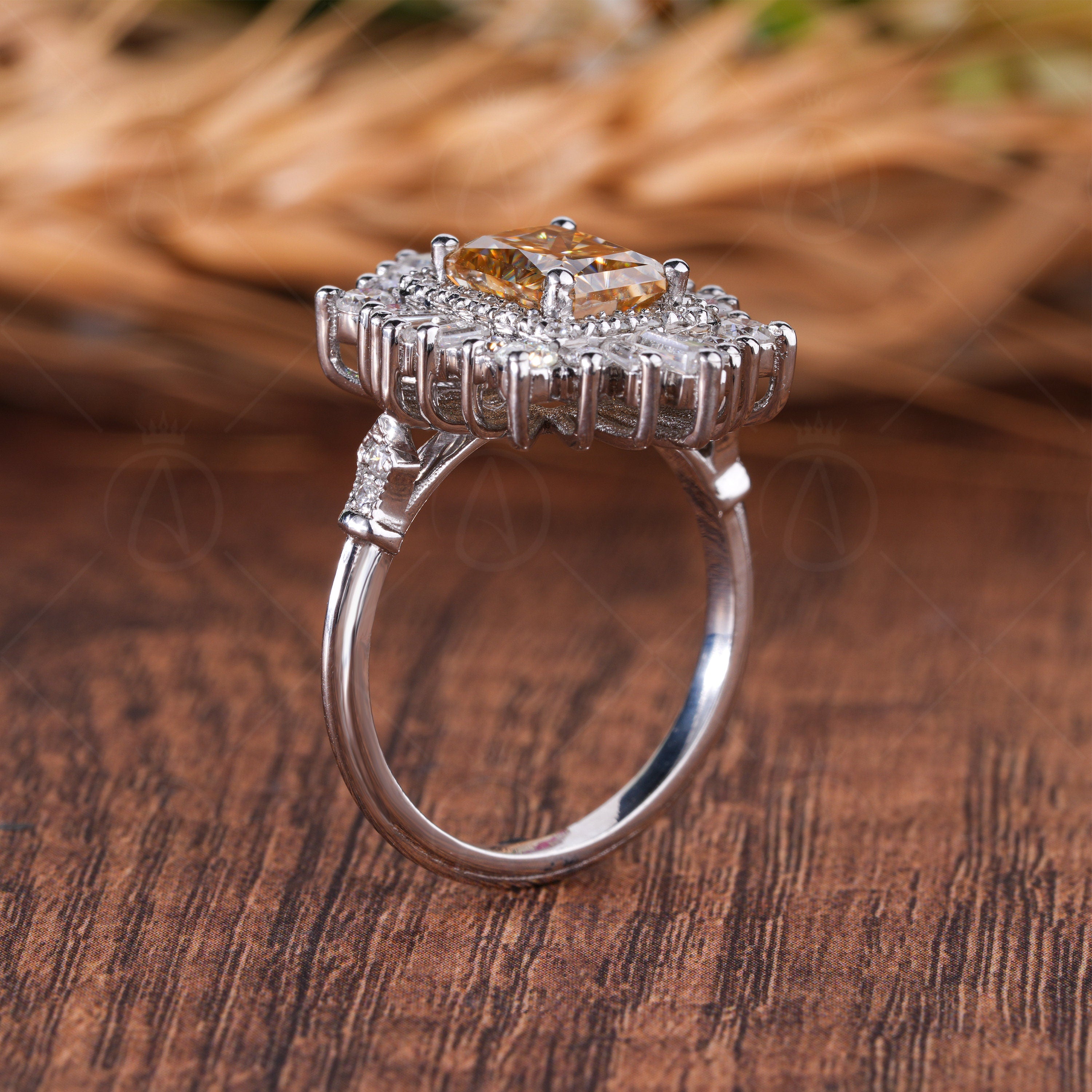 Vintage Inspired Art Deco Sunburst Engagement Ring, Gatsby Champagne Moissanite Ring, Unique Double Halo Statement Jewelry For Women