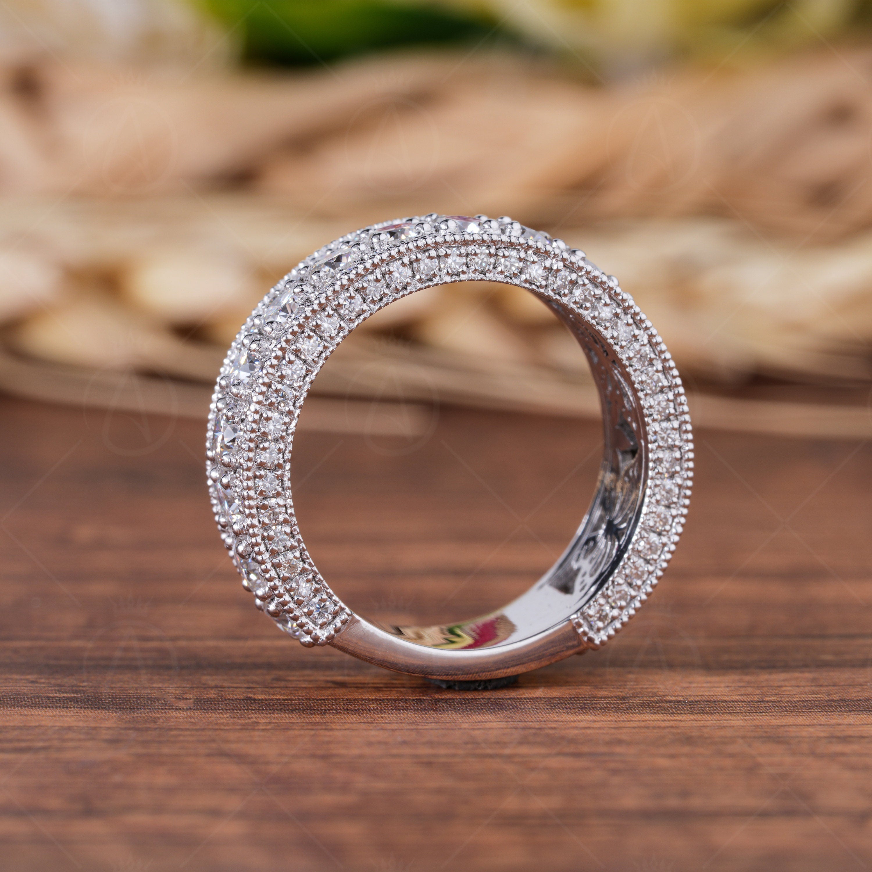 Milgrain Wide Band Rings For Women, 3 Sided Moissanite Anniversary Rings, Unique Moissanite Wedding Band, Butterfly Promise Ring For Her
