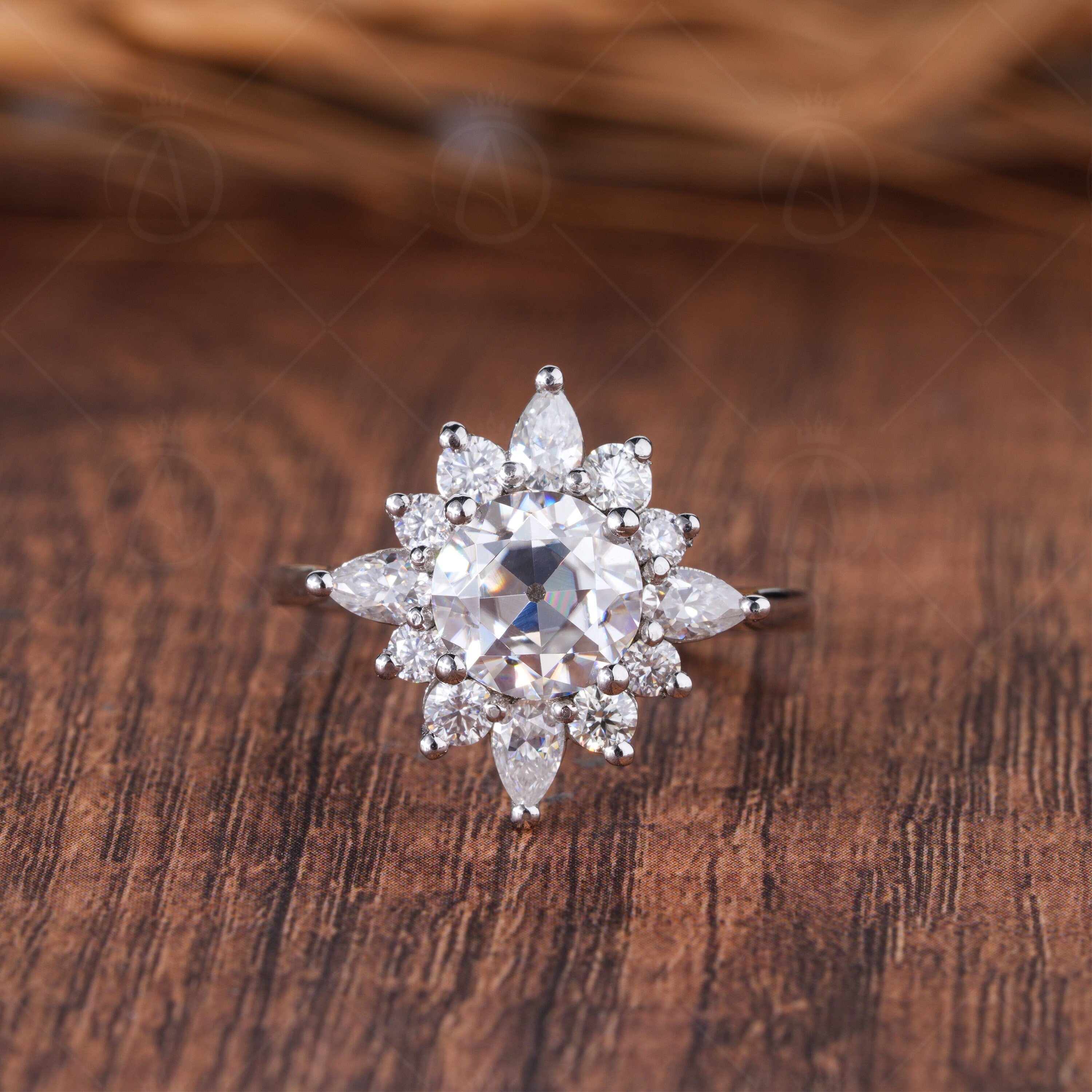 Unique Starburst Engagement Ring, Antique Old European Cut Moissanite Halo Ring, Nature Inspired Flower Ring, Gatsby Wedding Ring For Women