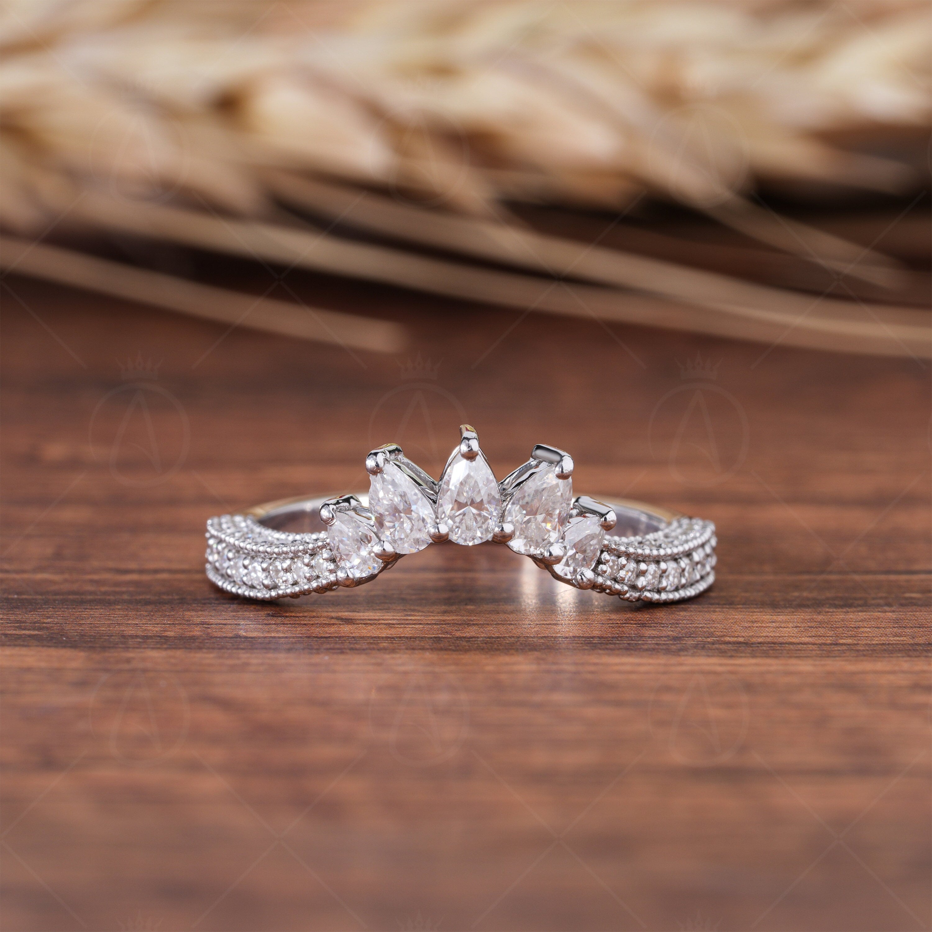 Contoured Wedding Bands Women, Milgrain Curved Stacking Ring, Pear Moissanite Matching Band, Nesting Anniversary Rings, Promise Ring For Her