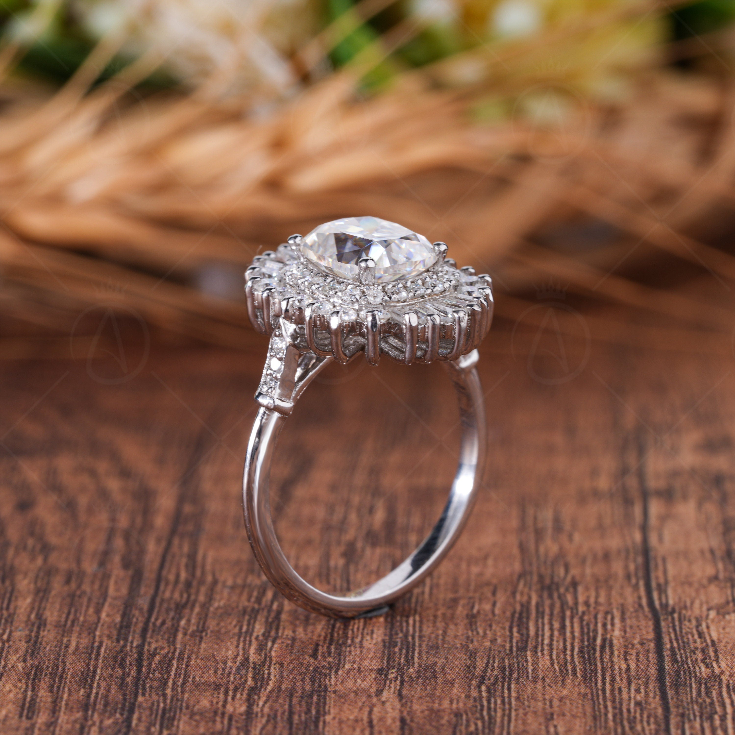 Antique Vintage Old European Cut Moissanite Ring, Double Halo Gatsby Engagement Ring, Ballerina Inspired Ring For Women, Art Deco Ring